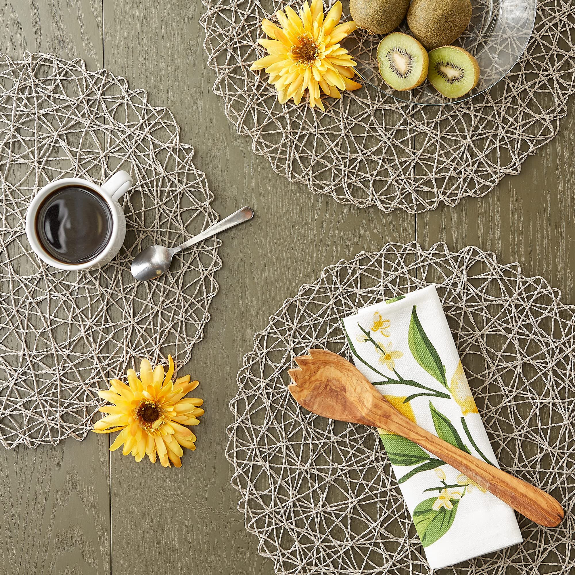GRAY WOVEN PAPER ROUND PLACEMAT SET/6
