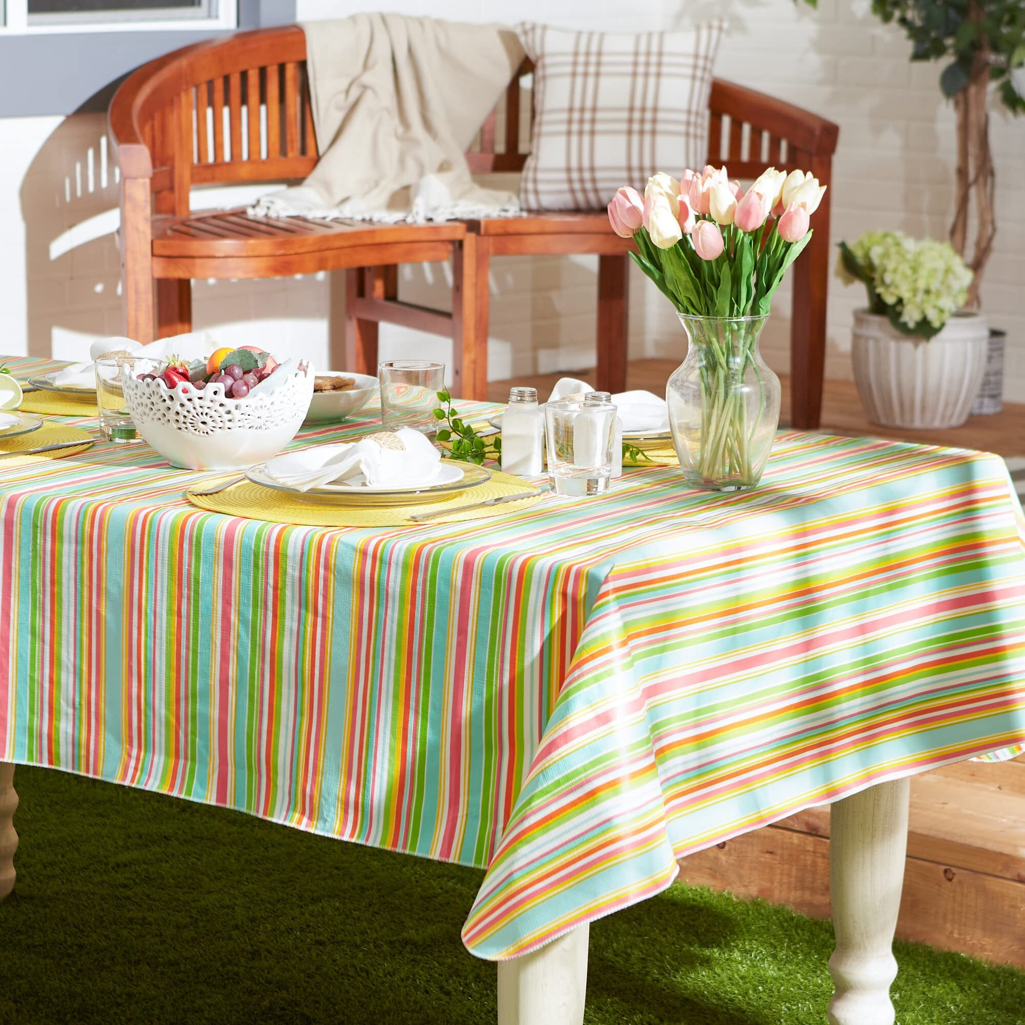 SPRING STRIPE VINYL TABLECLOTH 70 ROUND