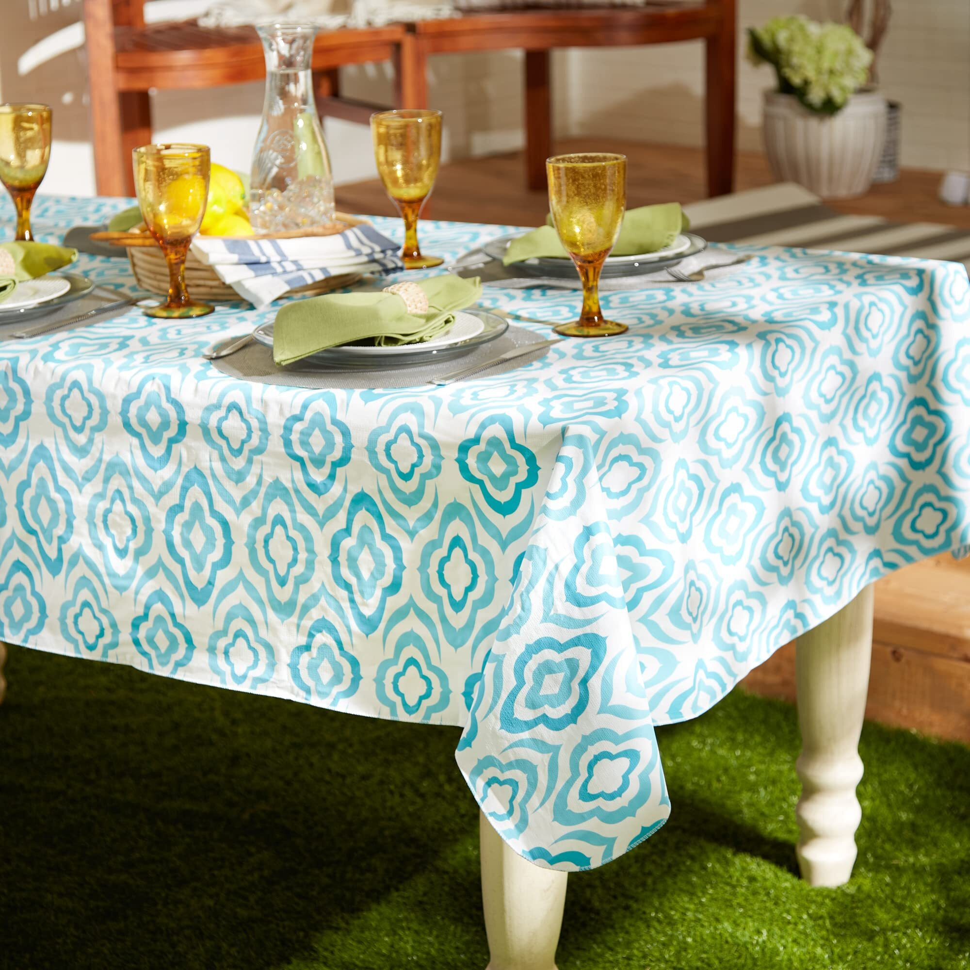 BLUE IKAT VINYL TABLECLOTH 70 ROUND