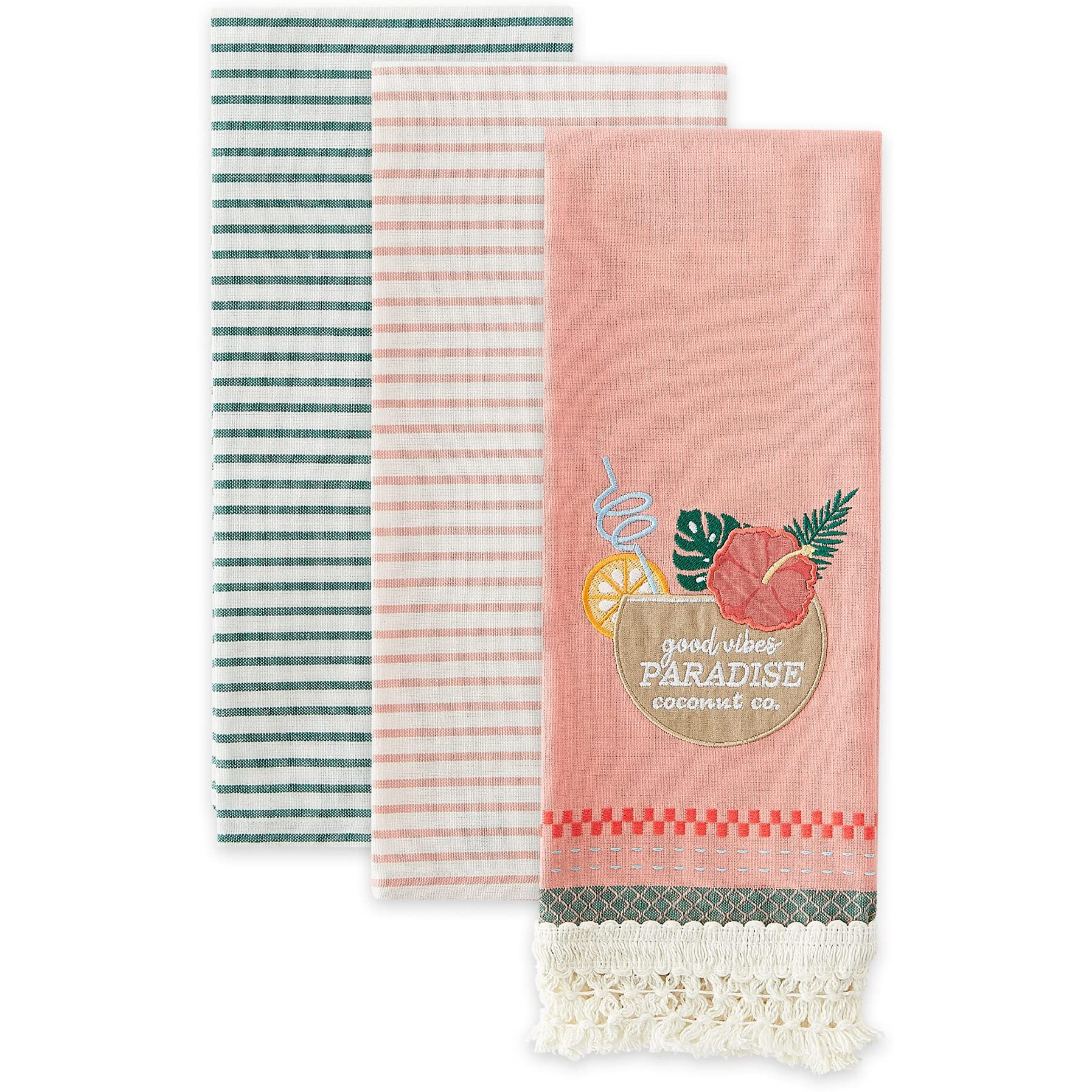PARADISE COCONUT DRINK EMBELLISHED DISHTOWEL SET/3