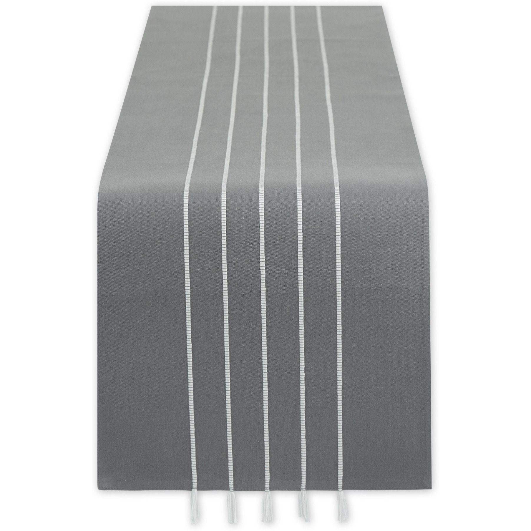 GRAY/ WHITE STRIPE TASSEL TABLE RUNNER 14x72