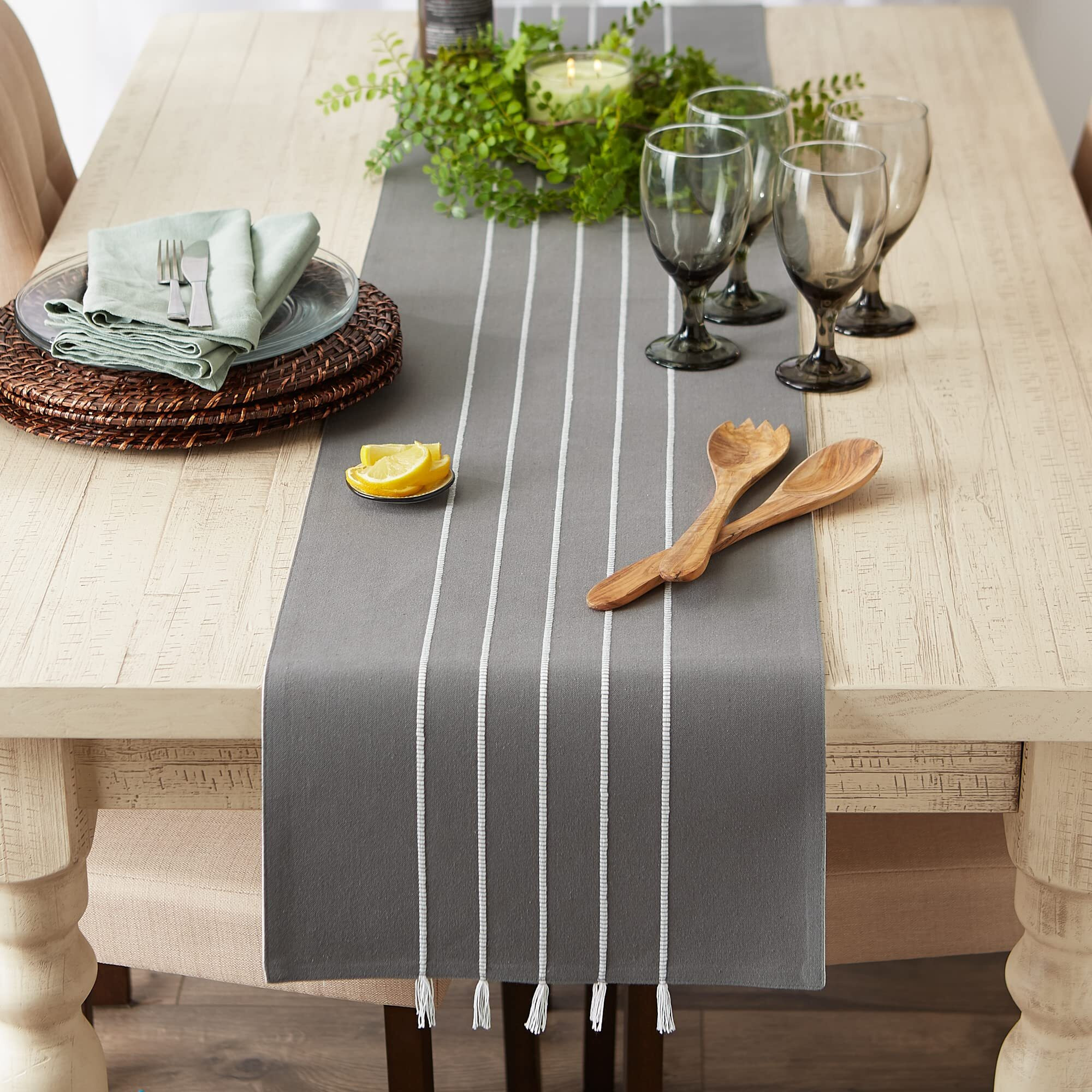 GRAY/ WHITE STRIPE TASSEL TABLE RUNNER 14x72