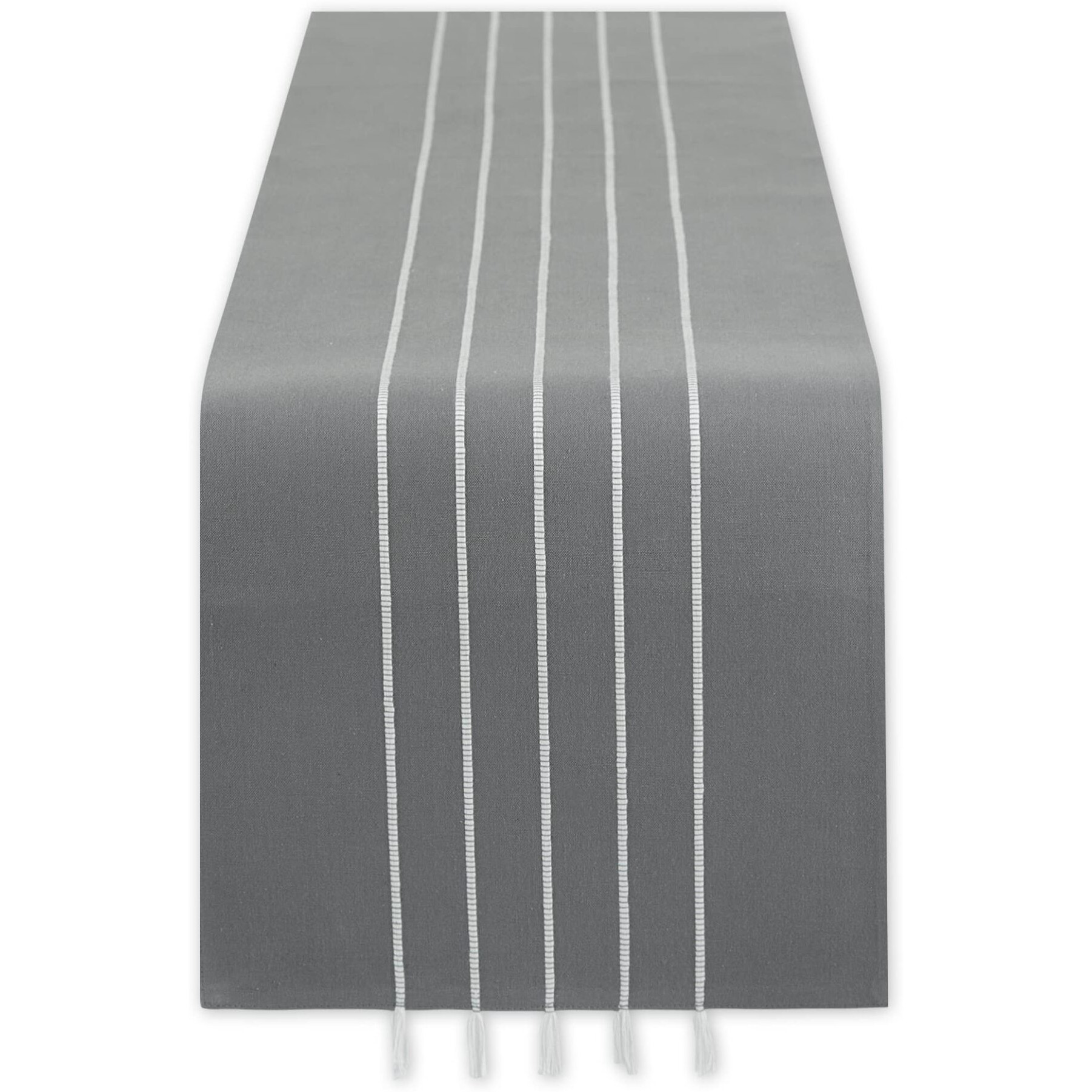 GRAY/ WHITE STRIPE TASSEL TABLE RUNNER 14x72