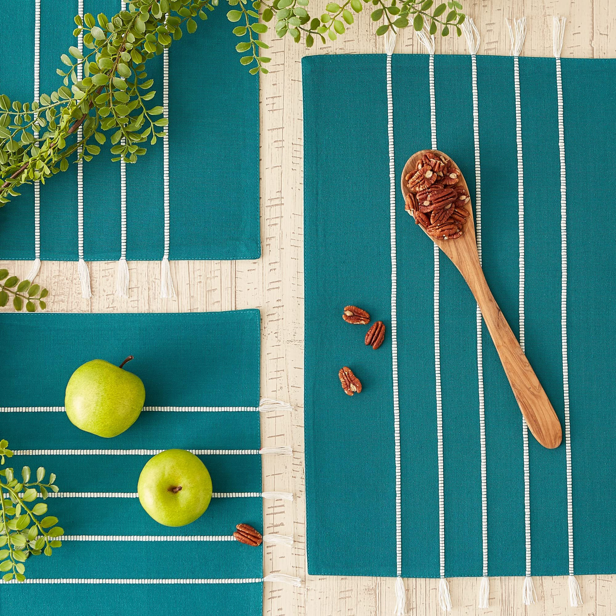 TEAL STRIPE TASSEL PLACEMAT SET/4