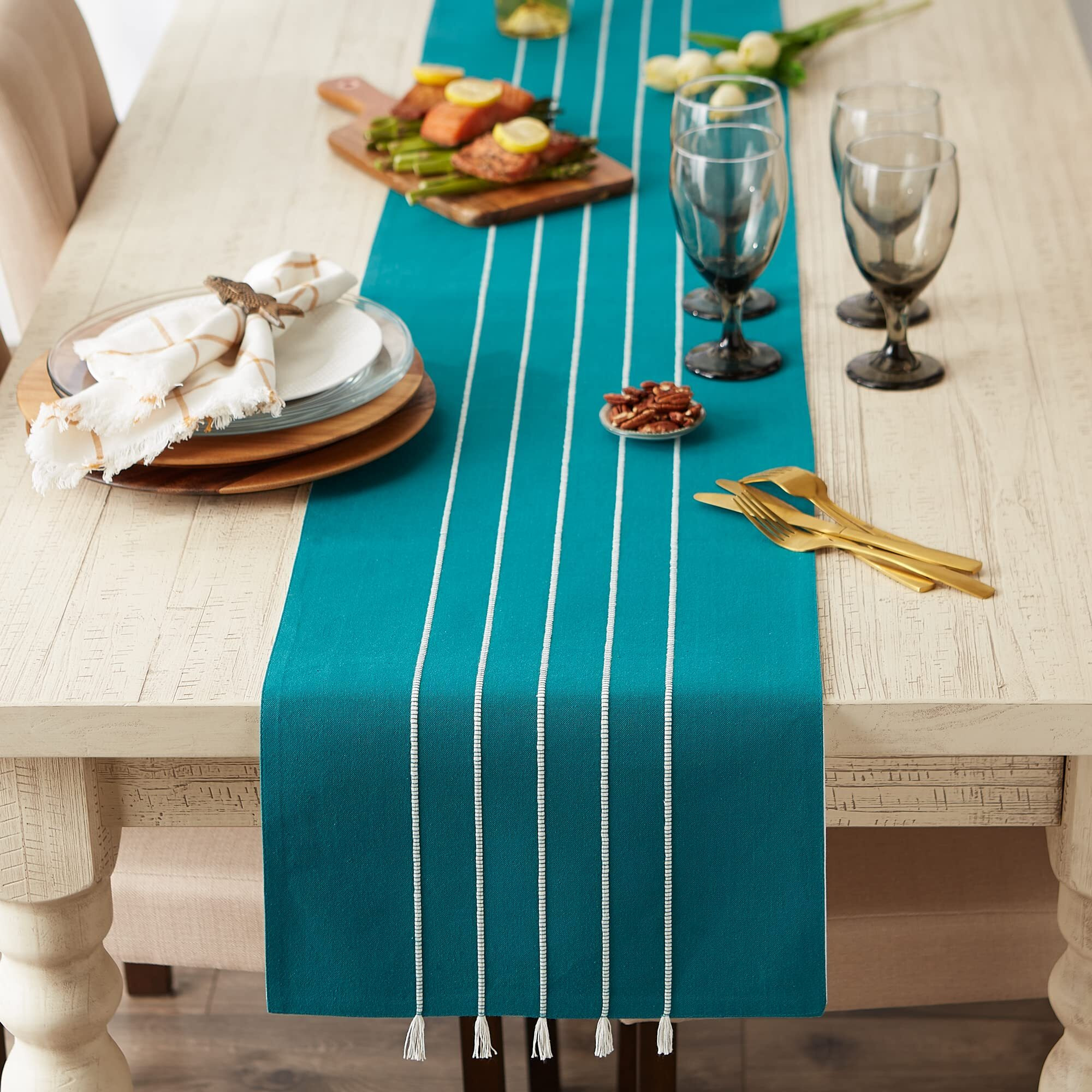 TEAL STRIPE TASSEL TABLE RUNNER 14x108