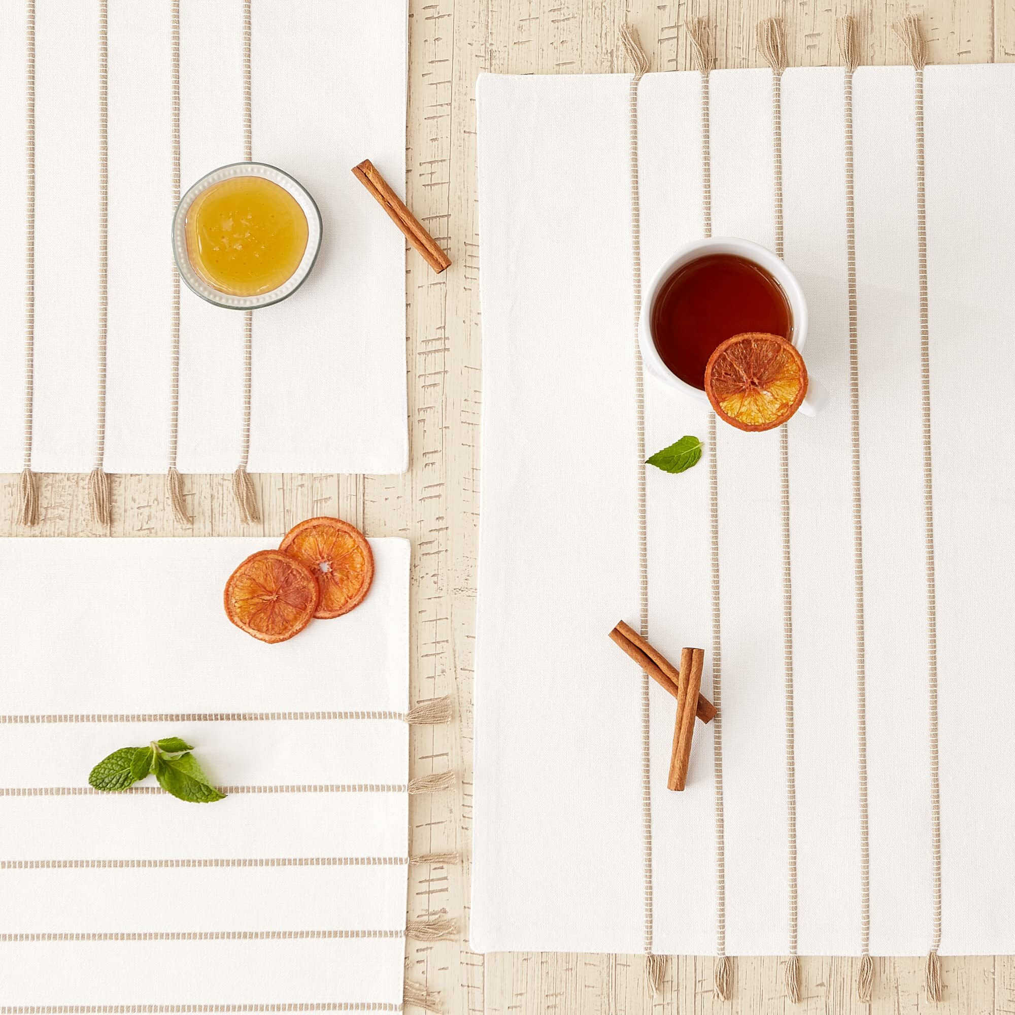 WHITE/STONE STRIPE TASSEL PLACEMAT SET/4