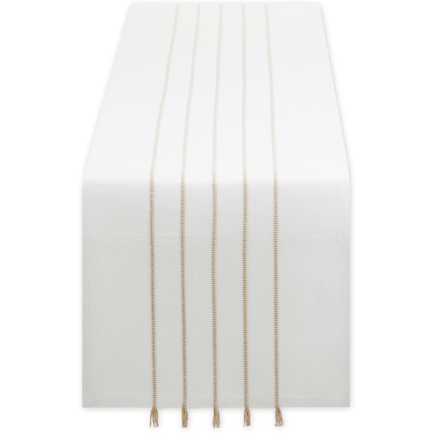 WHITE/STONE STRIPE TASSEL TABLE RUNNER 14x108