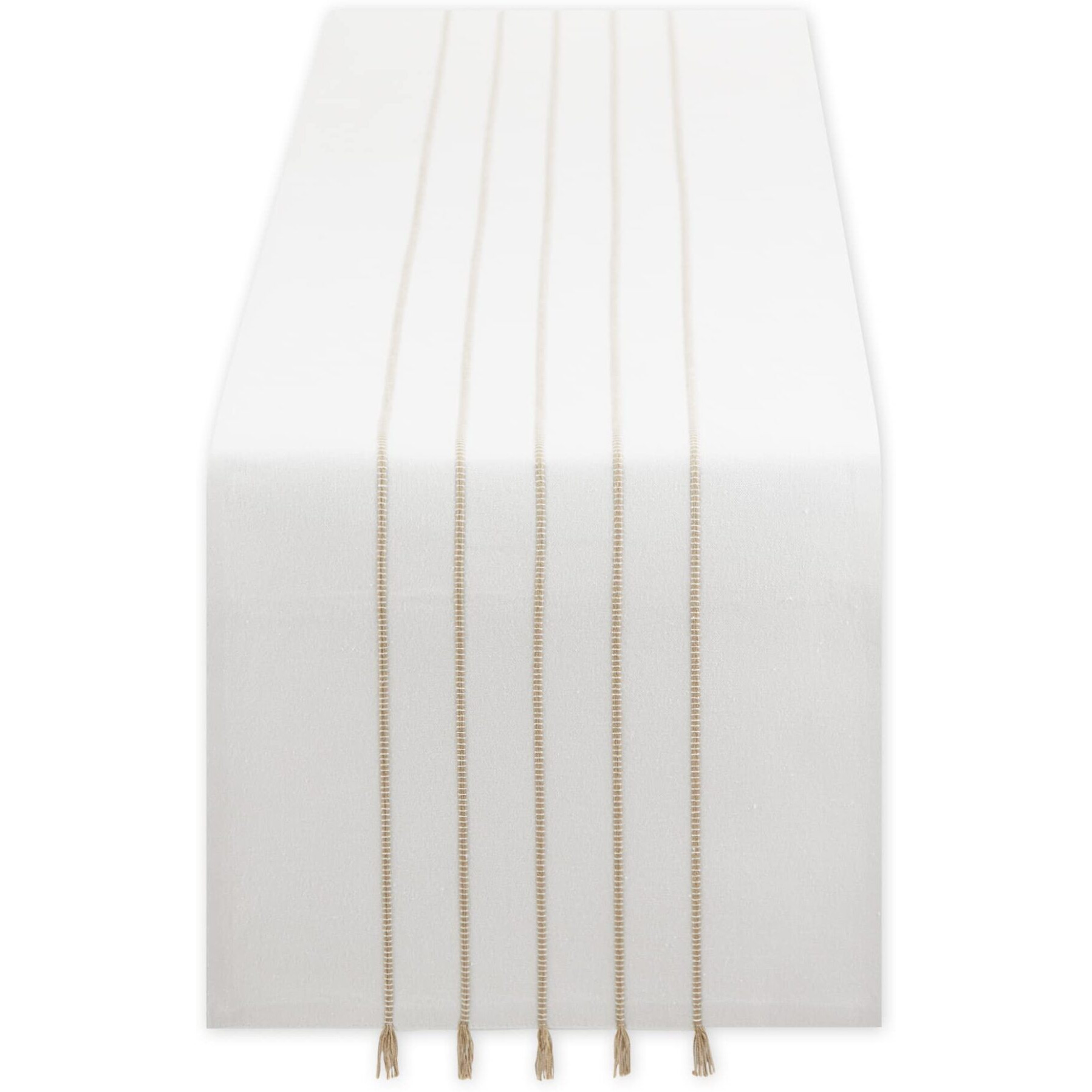 WHITE/STONE STRIPE TASSEL TABLE RUNNER 14x108