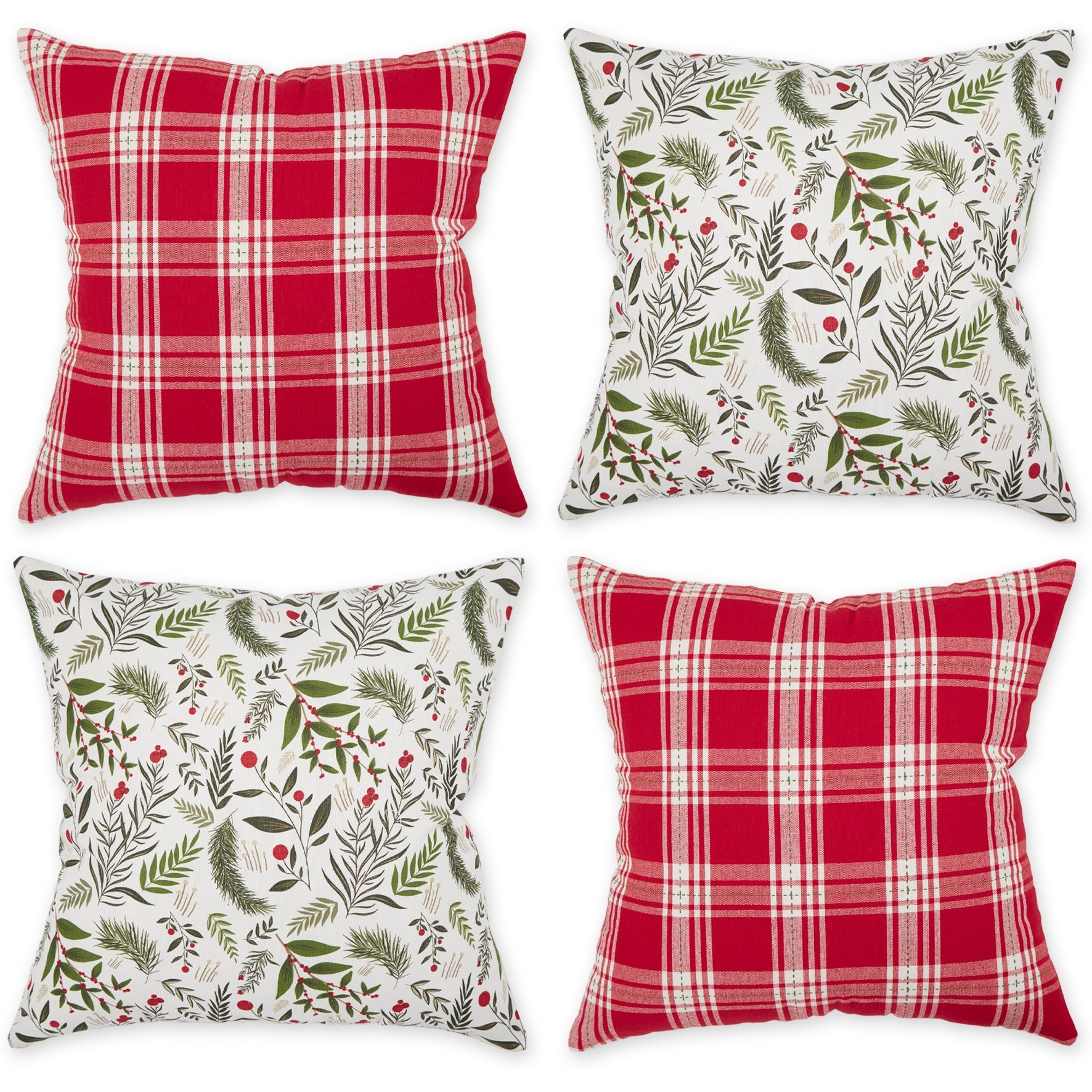 ASST HOLIDAY SPRIG PRINT AND PLAID PILLOW COVER 18x18 SET/4