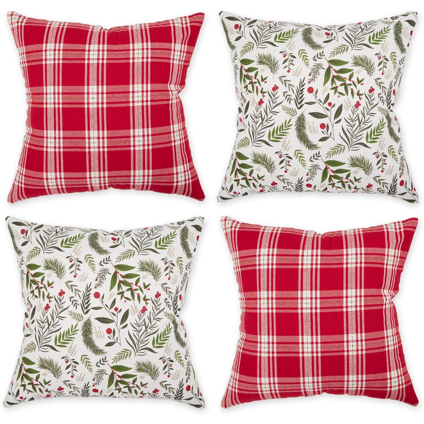 ASST HOLIDAY SPRIG PRINT AND PLAID PILLOW COVER 18x18 SET/4