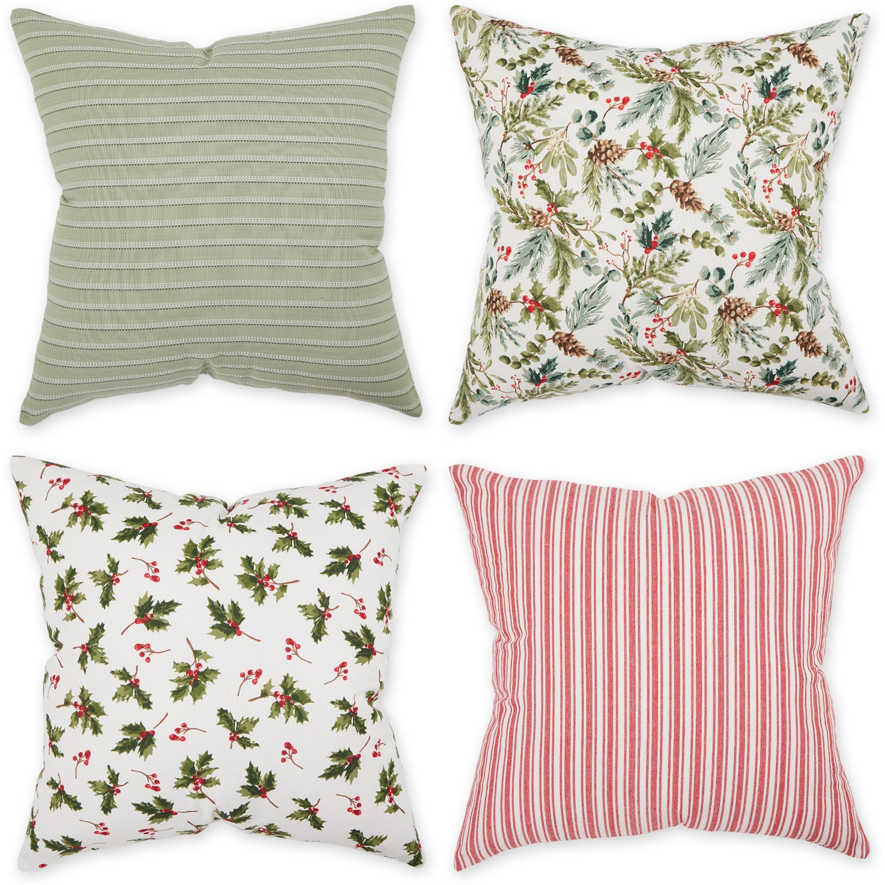 ASST HOLIDAY HOLLY PRINT AND STRIPE PILLOW COVER 18x18 SET/4