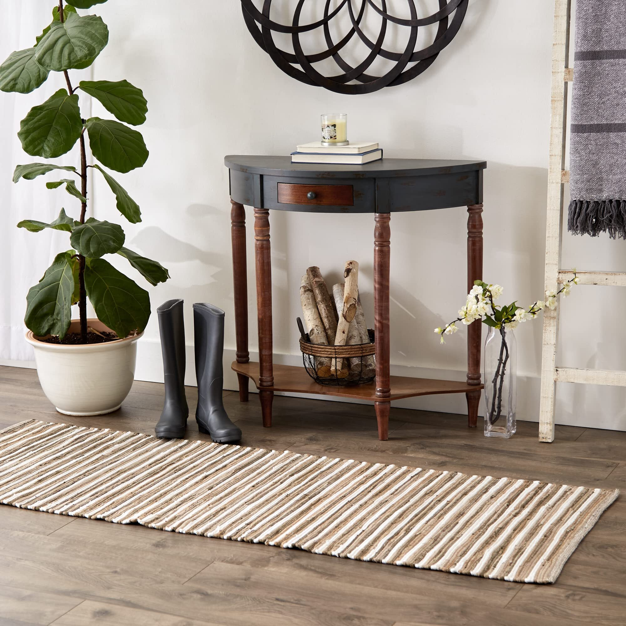 TAUPE SLIM STRIPE COTTON CHINDI RUG 2FT 3INx6FT
