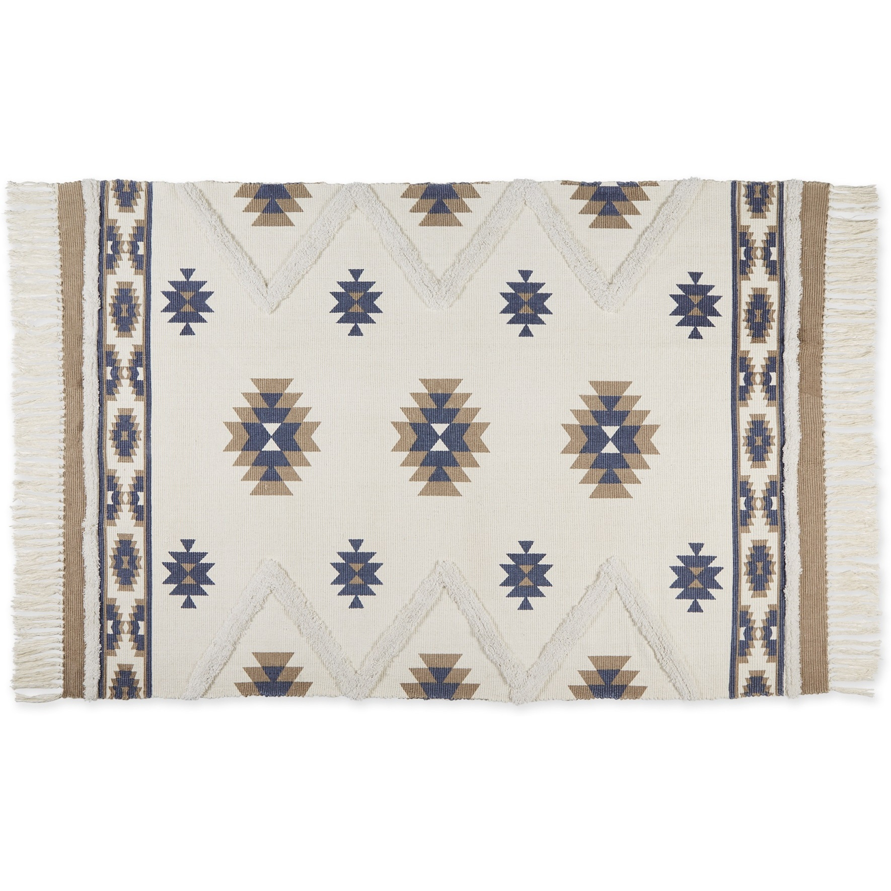 SOUTHWESTERN TEXTURED FRINGE - STONE & BLUE - 4 X 6 FT