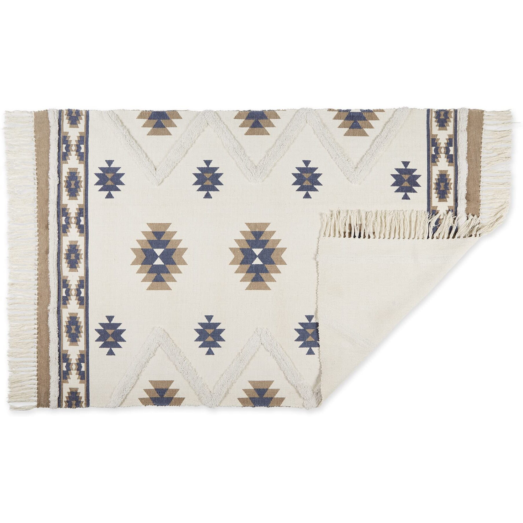 SOUTHWESTERN TEXTURED FRINGE - STONE & BLUE - 4 X 6 FT