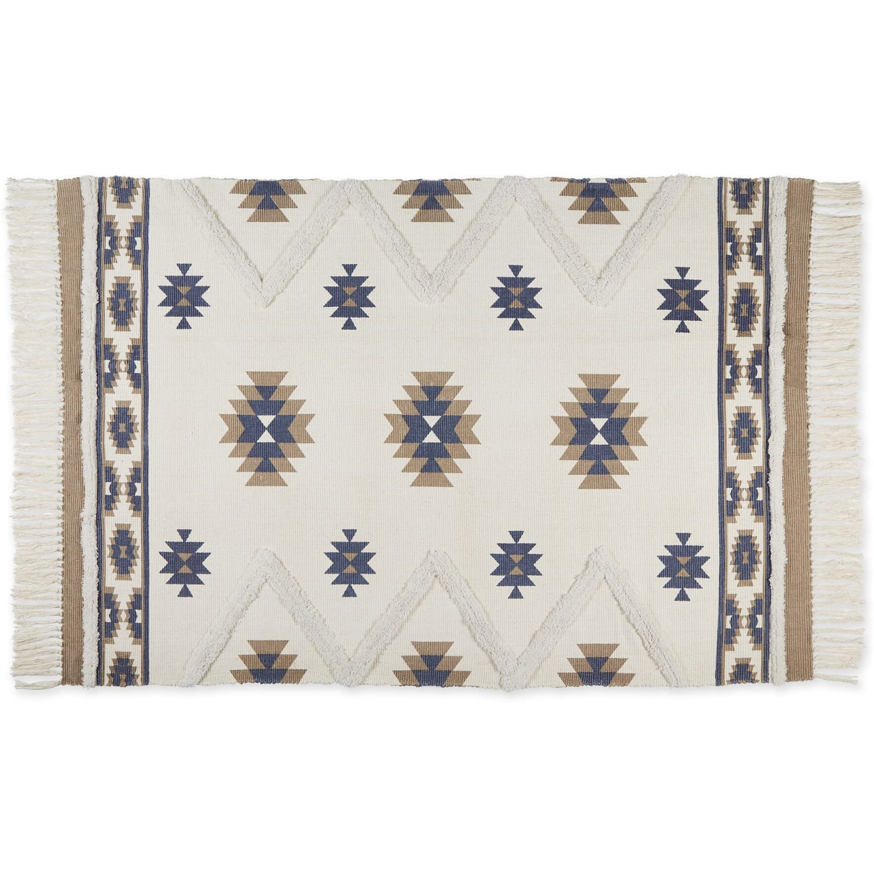 SOUTHWESTERN TEXTURED FRINGE - STONE & BLUE - 4 X 6 FT