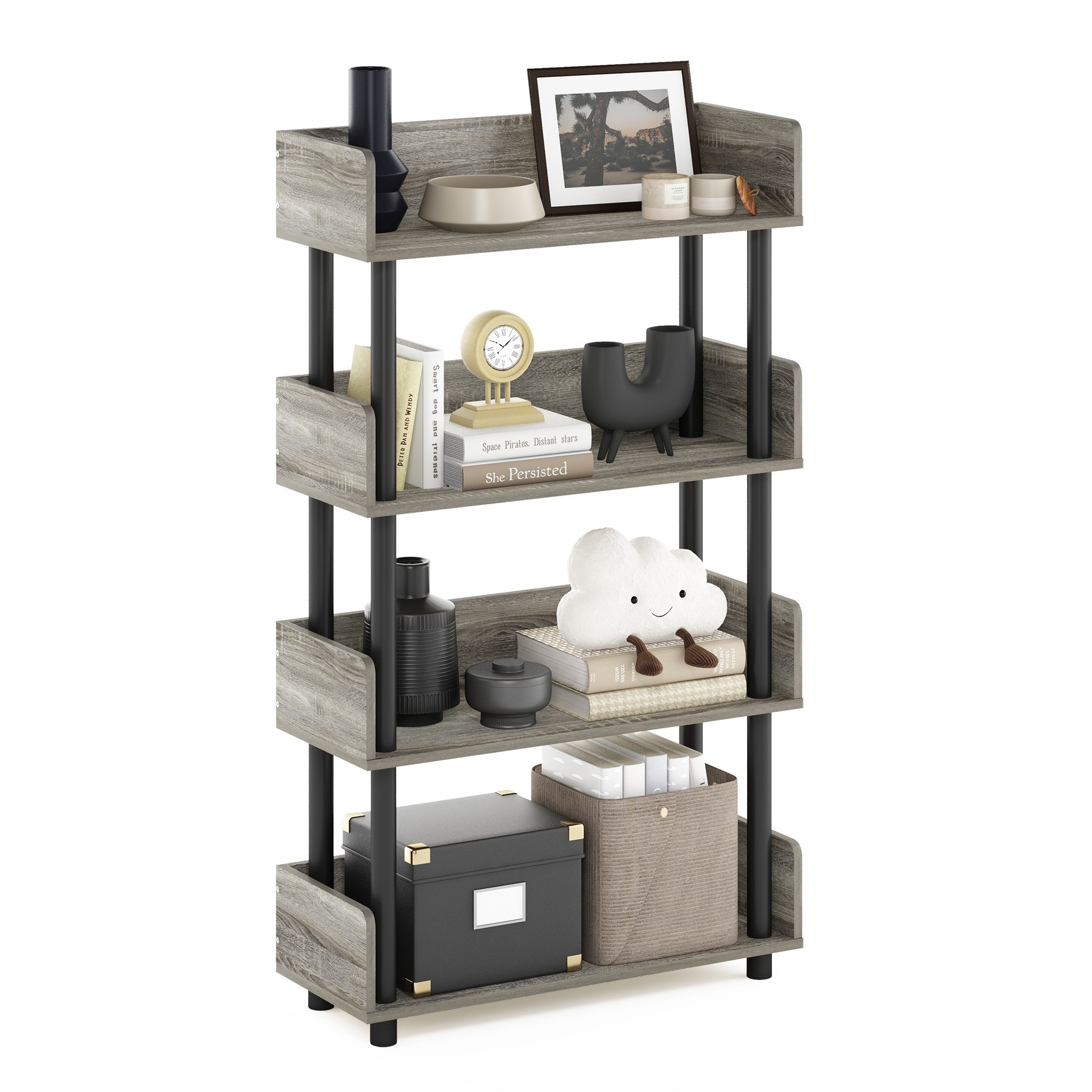 Furinno Turn-N-Tube 4-Tier Toolless Display Rack, French Oak/Black
