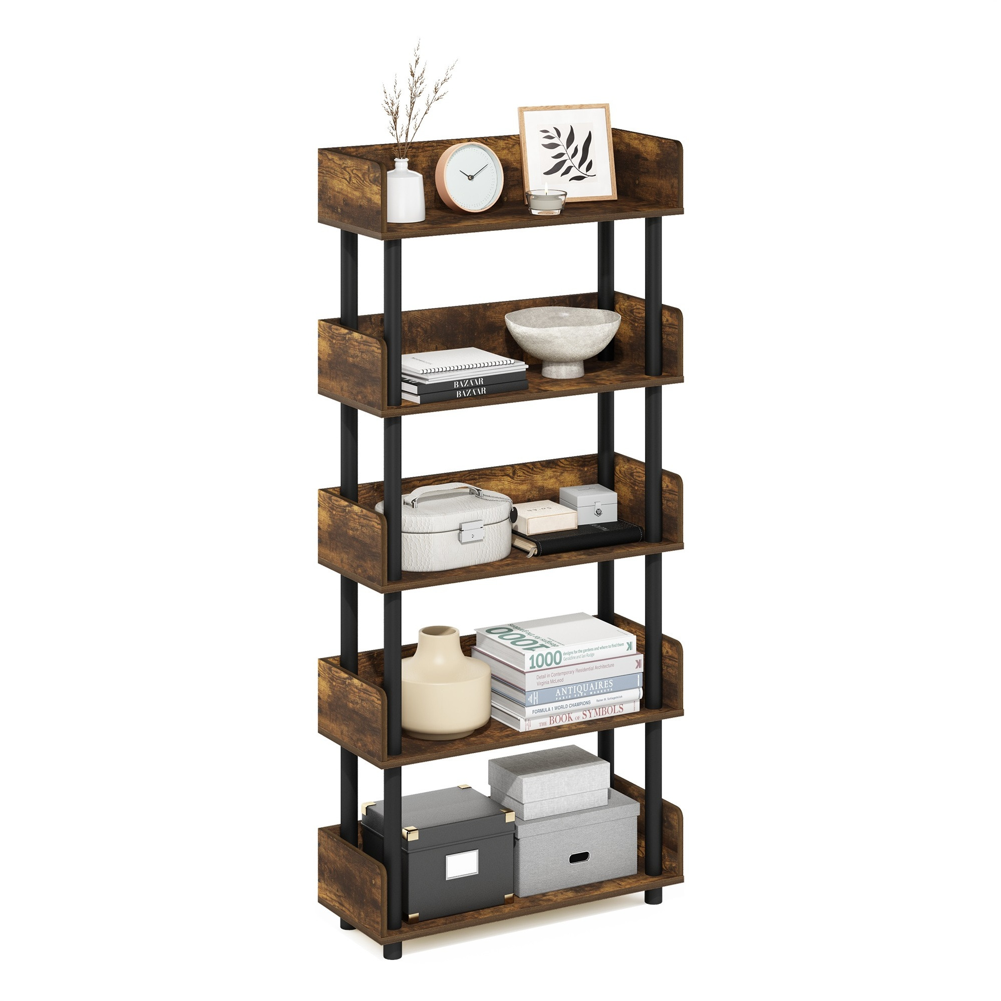Furinno Turn-N-Tube 5-Tier Toolless Display Rack, Amber Pine/Black