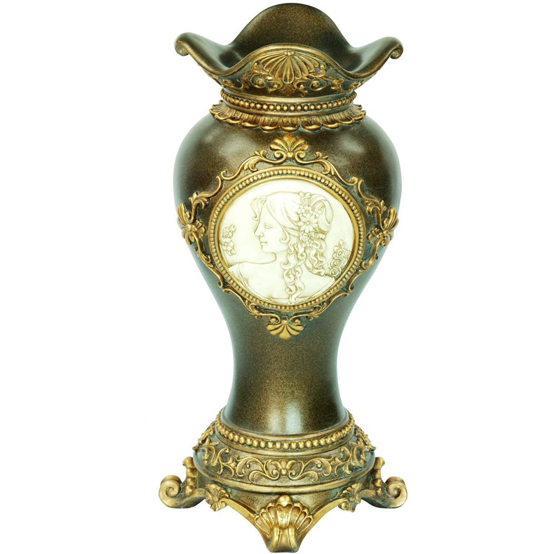 16" Bronze and Gold Floral and Cameo Vase