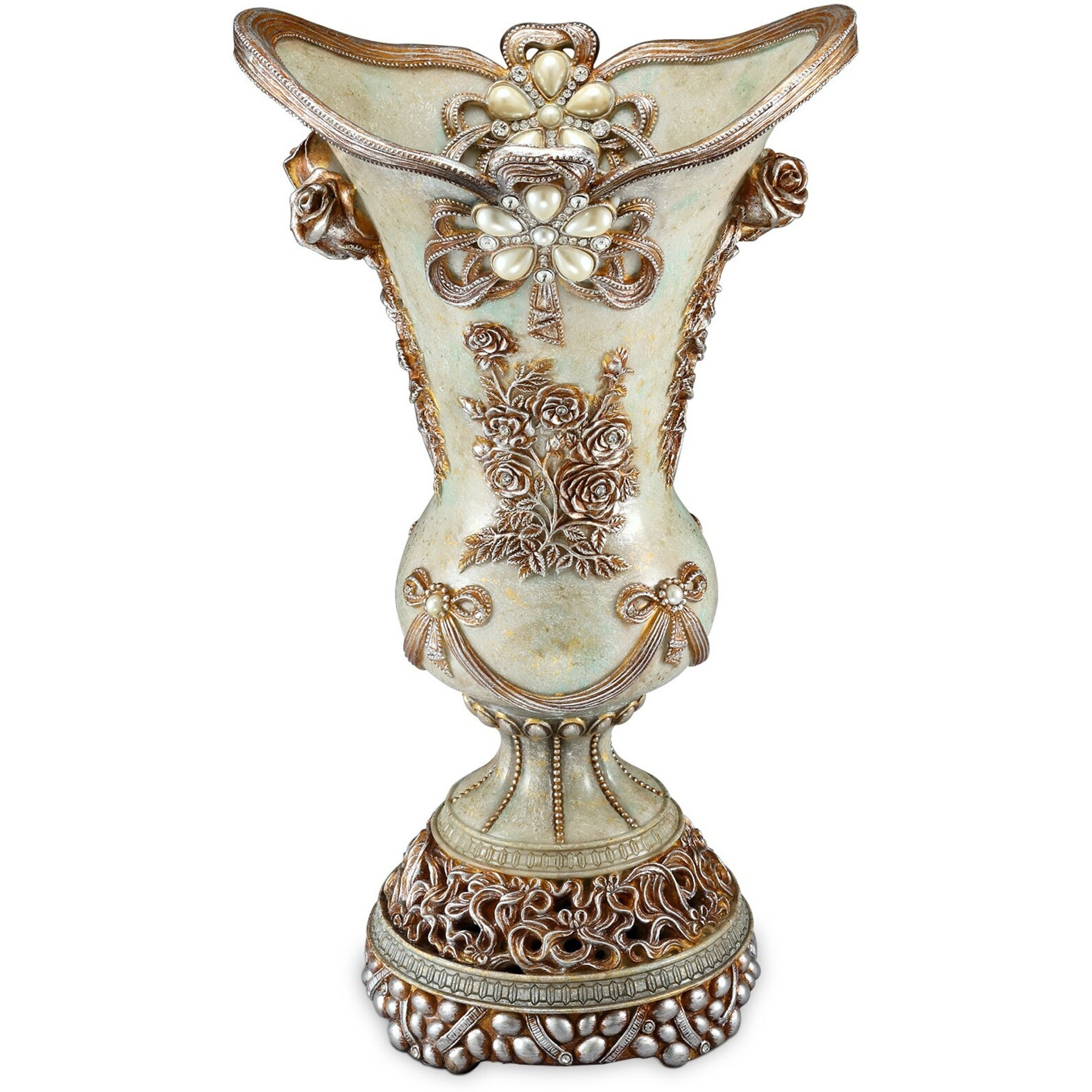 16" Polyresin Green and Silver Floral Novelty Urn