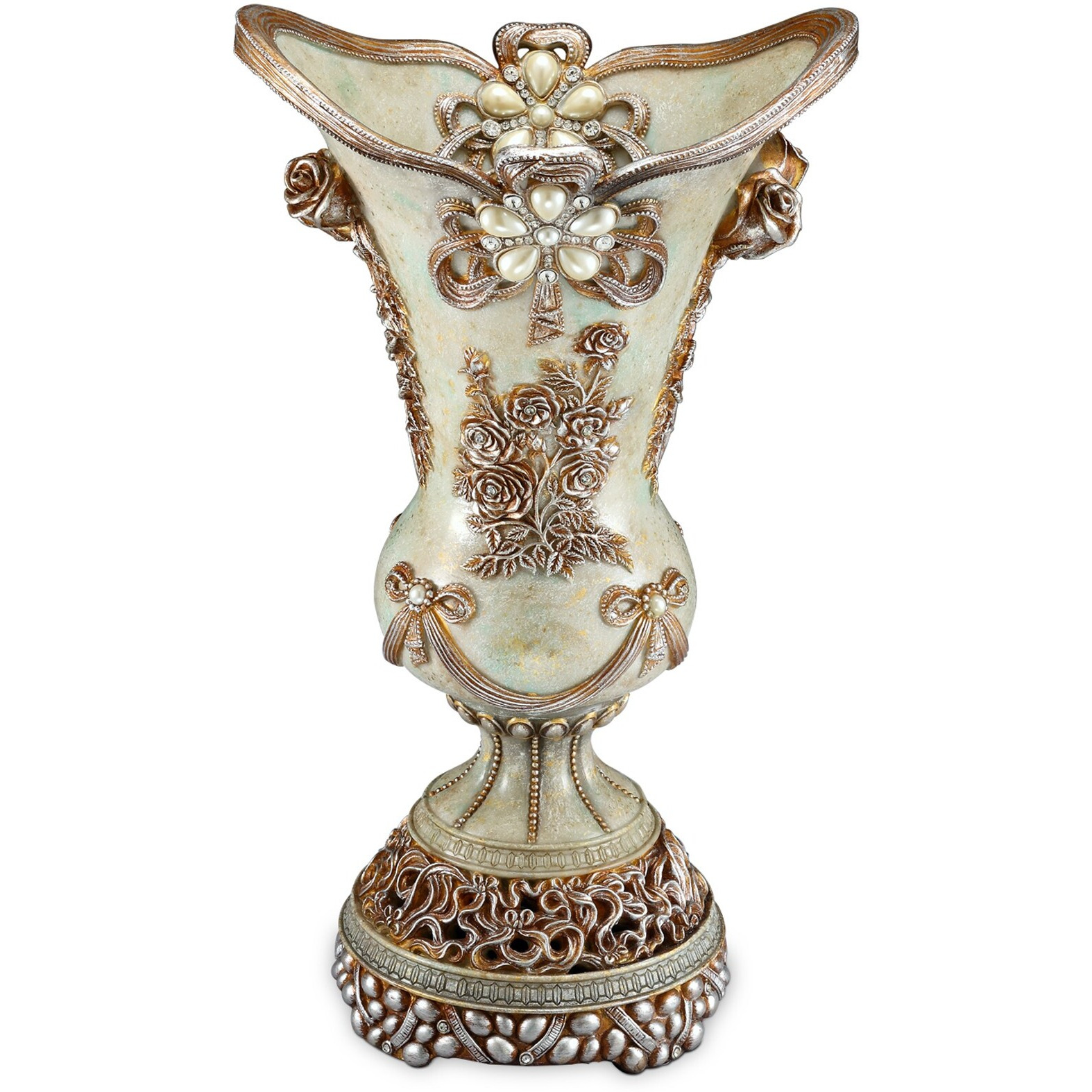 16" Polyresin Green and Silver Floral Novelty Urn