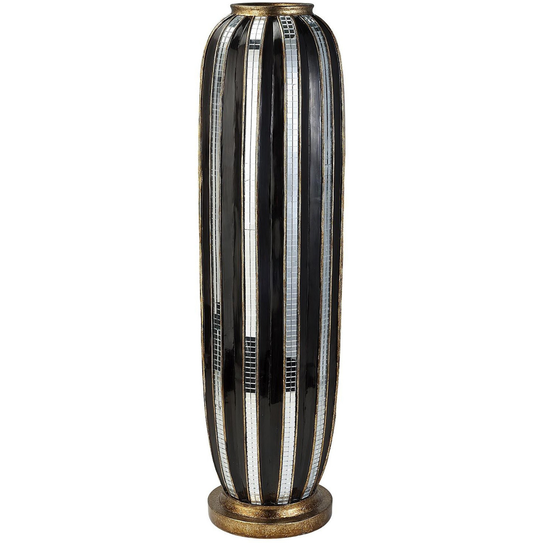 21" Polyresin Black and Silver Striped Round Floor Vase