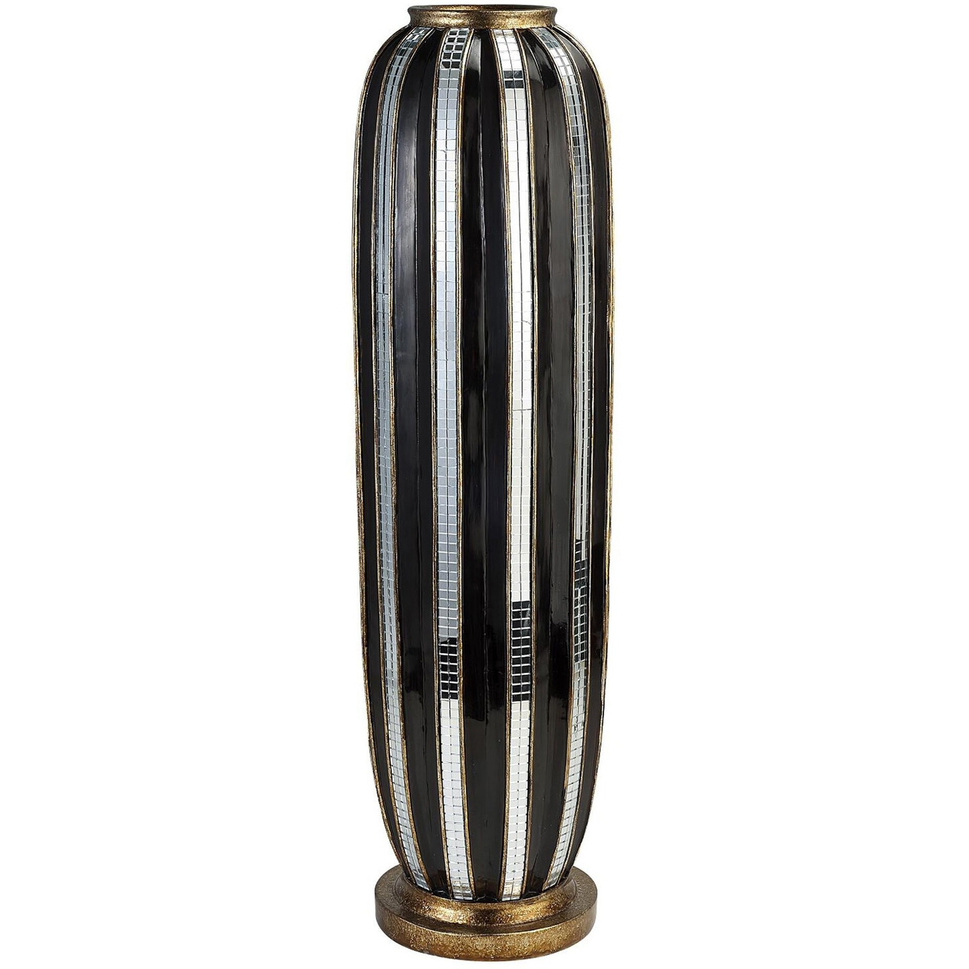 21" Polyresin Black and Silver Striped Round Floor Vase
