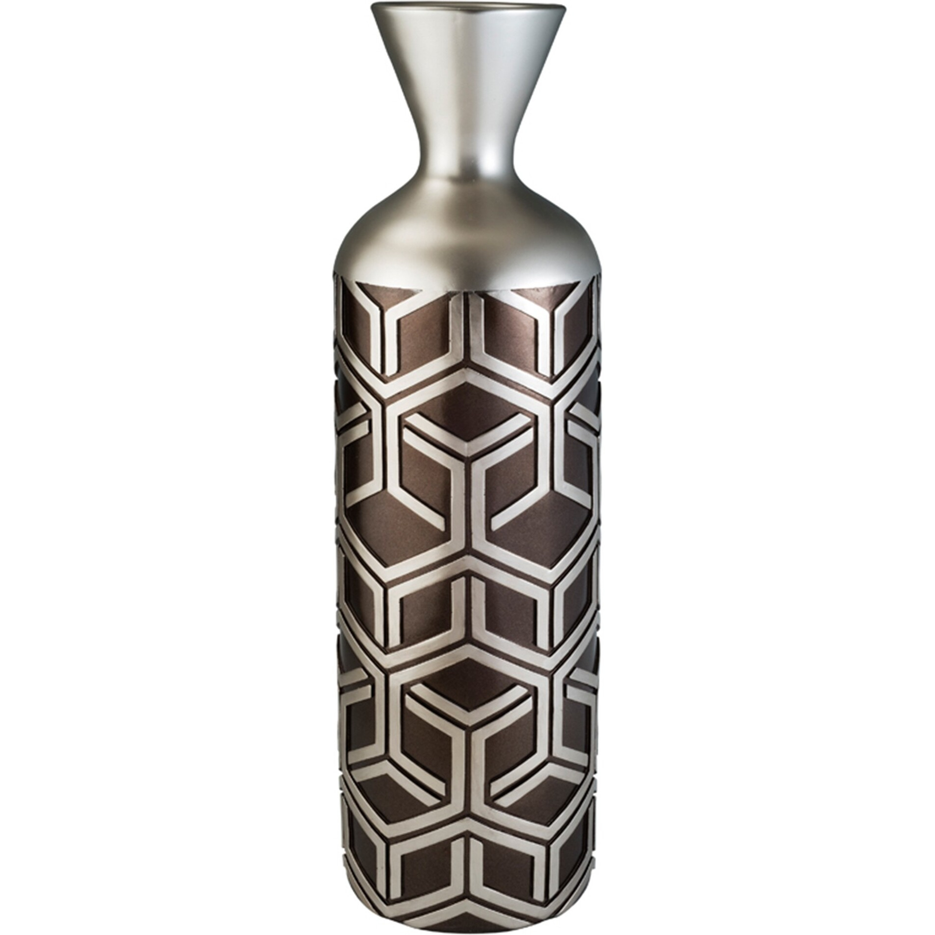 22" Brown and Silver Geometric Polyresin Floor Vase