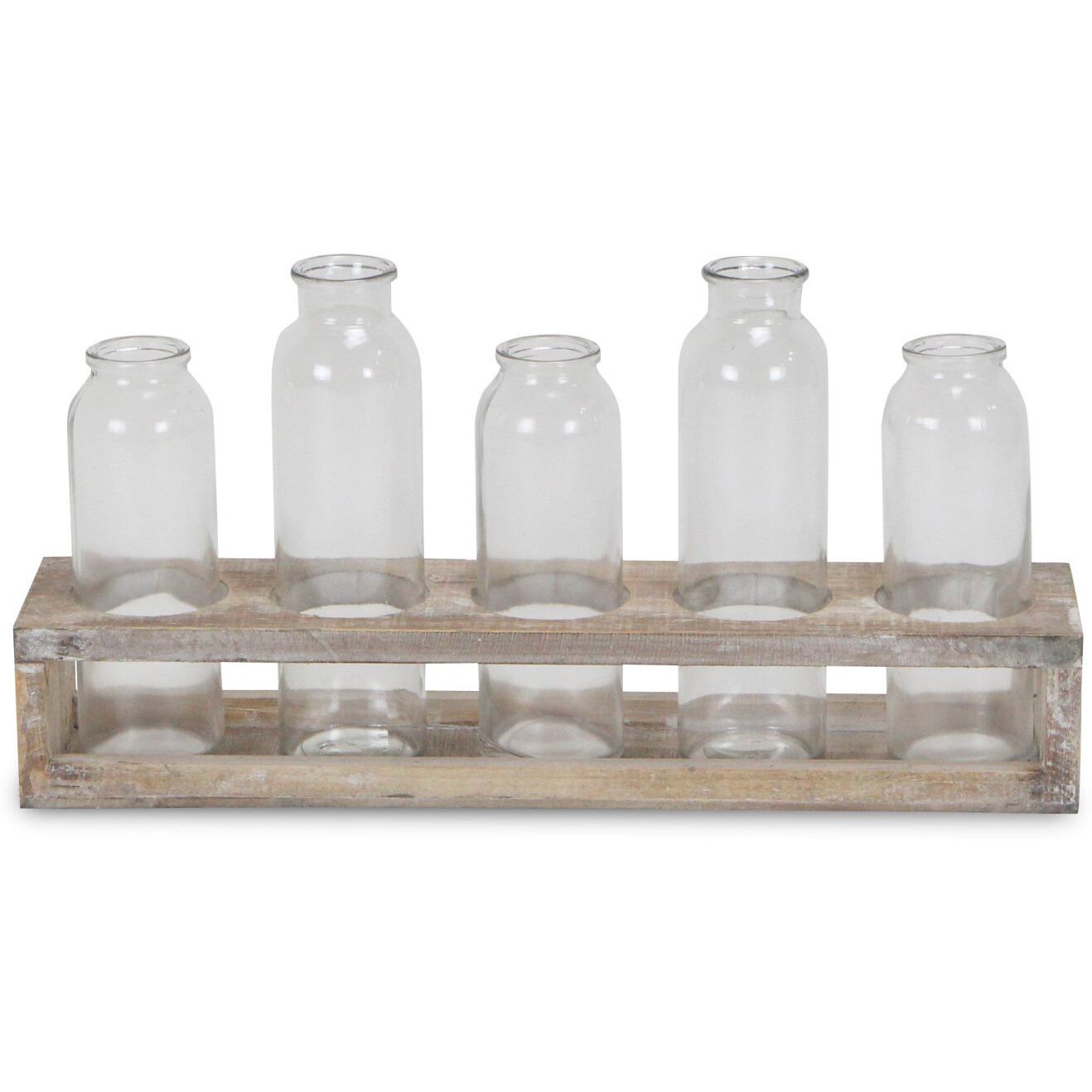 Set of Six Clear Glass Decorative Bottles and Wood Stand