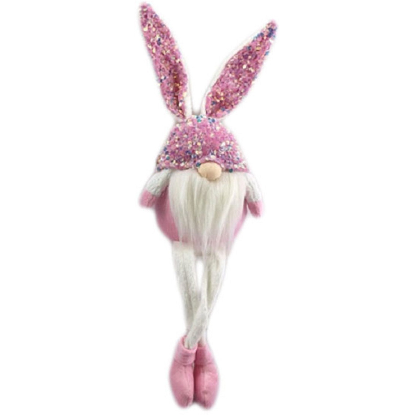 20" Pink and White Fabric Bunny Rabbit Sitting Gnome