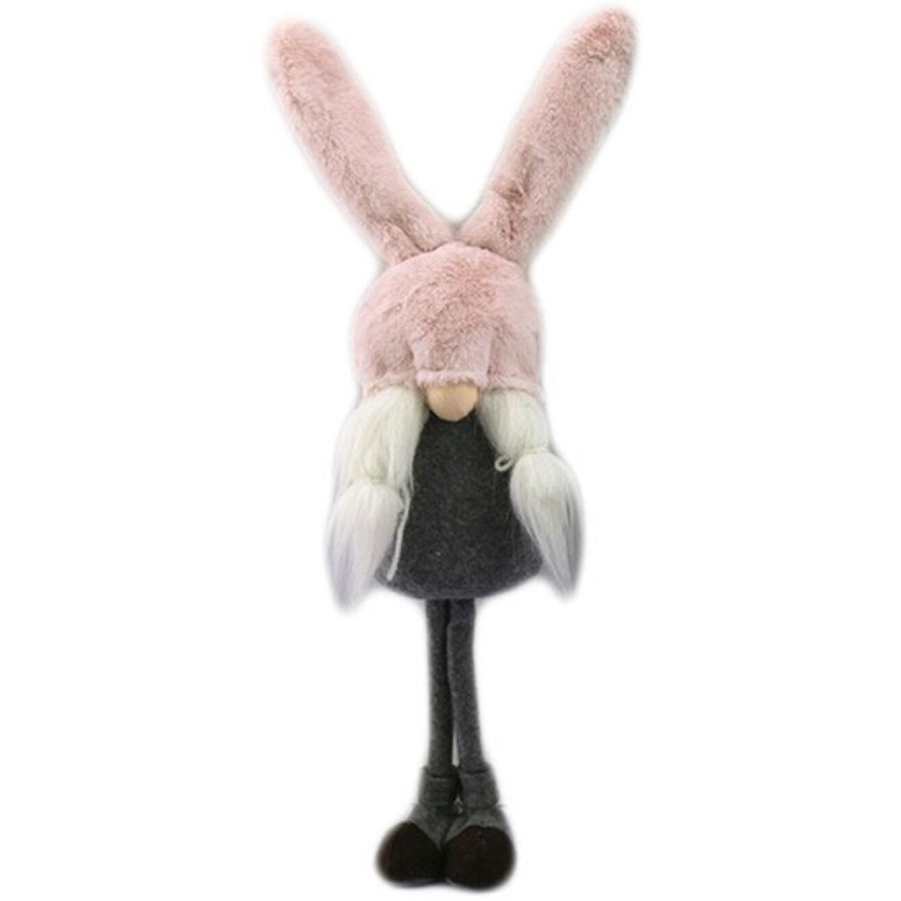 20" Gray and Pink Fabric Bunny Ears Sitting Gnome