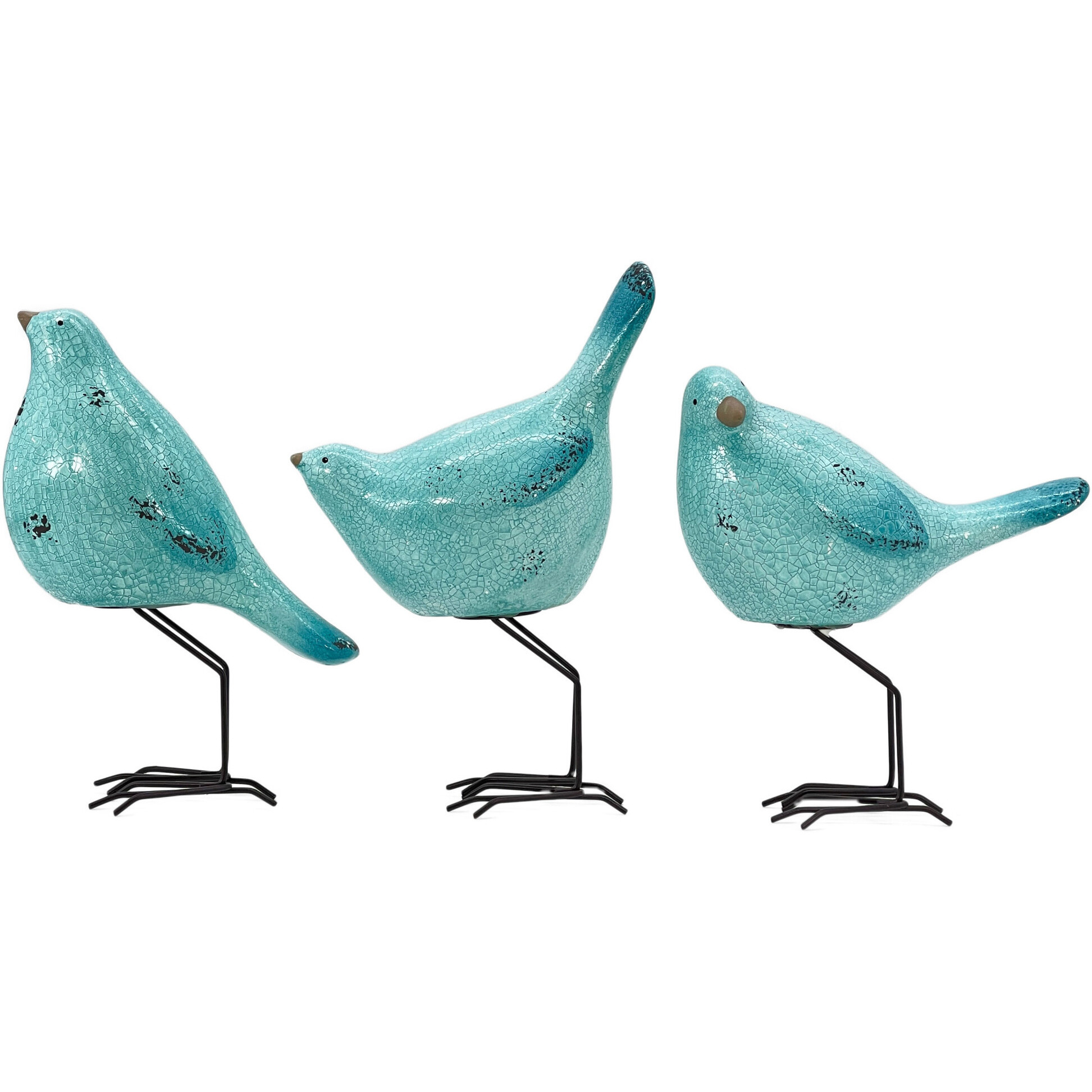 Set of Three Robins Egg Blue Polyresin and Metal Bird Sculptures