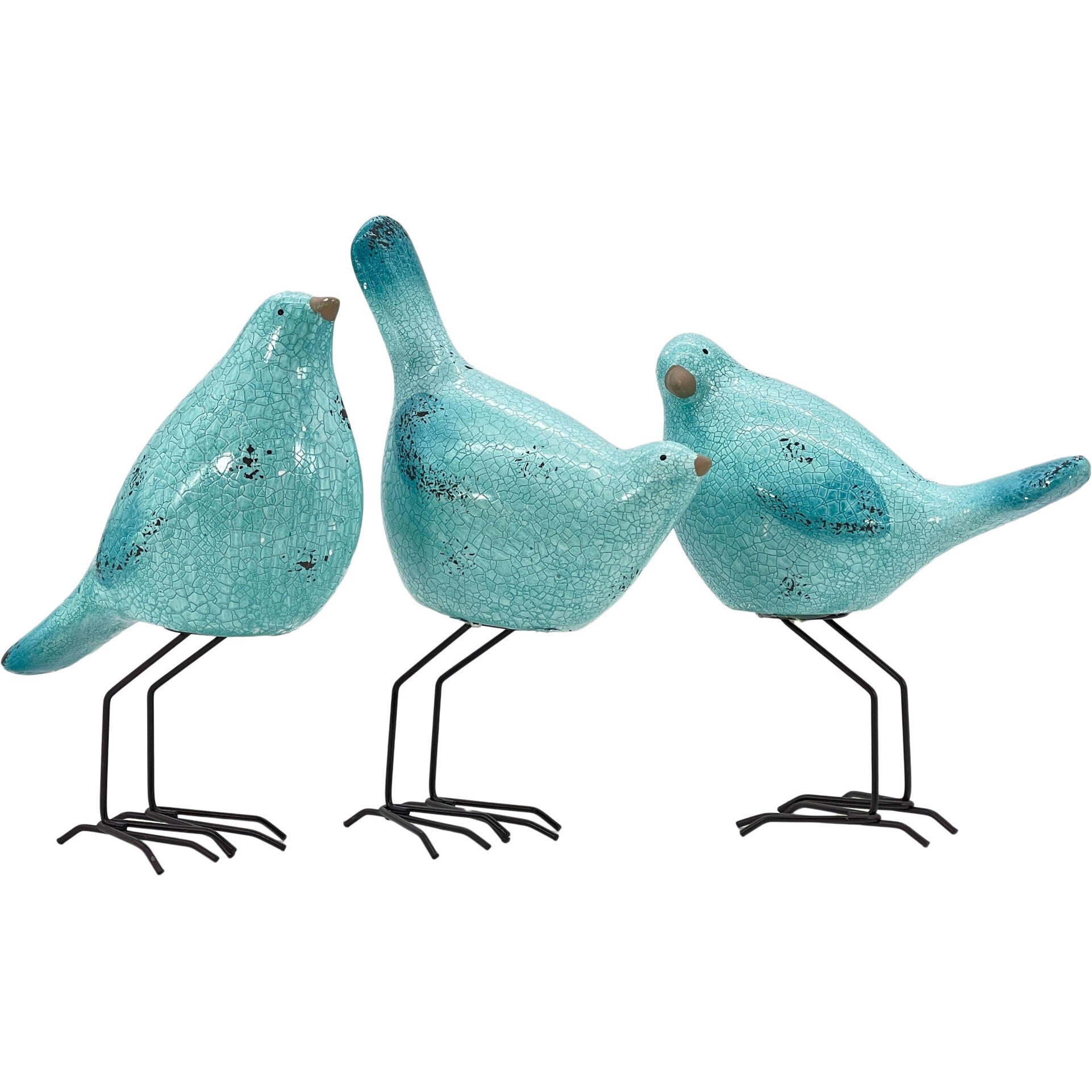 Set of Three Robins Egg Blue Polyresin and Metal Bird Sculptures