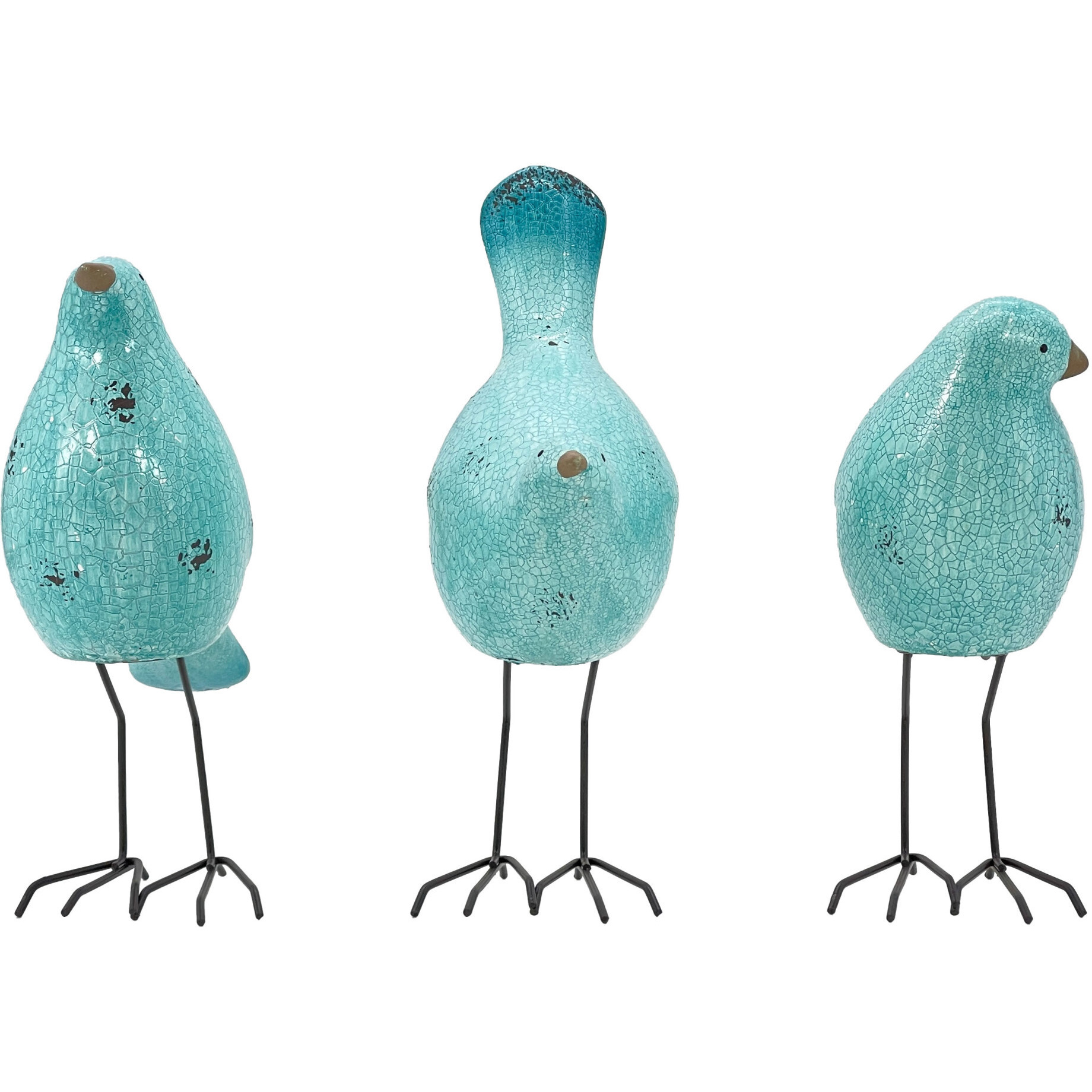 Set of Three Robins Egg Blue Polyresin and Metal Bird Sculptures