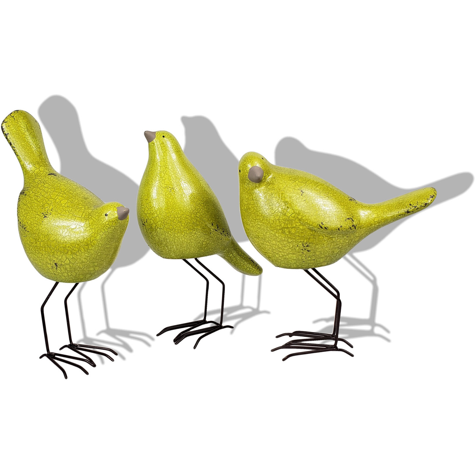Set of Three Lemongrass Green Polyresin and Metal Bird Sculptures