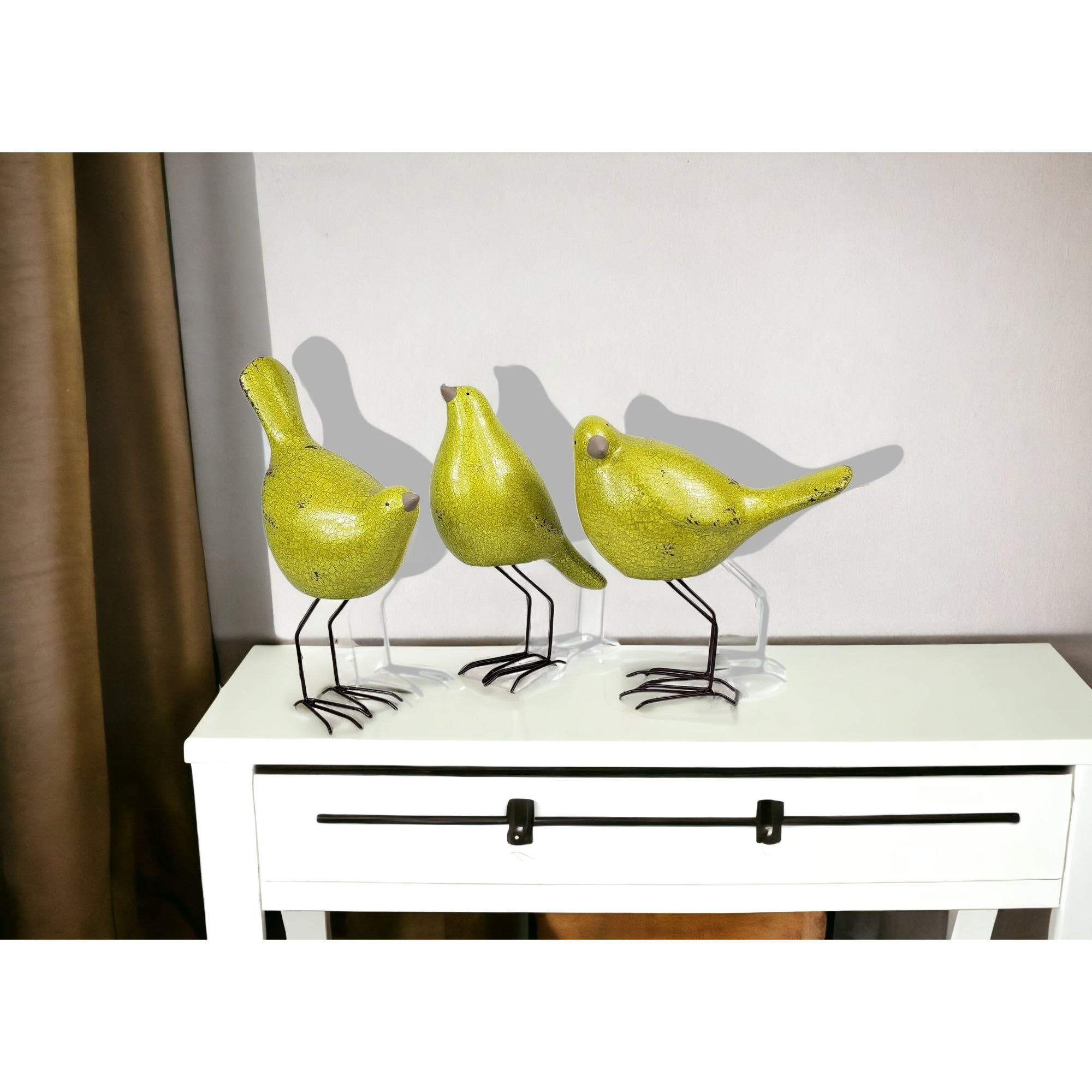 Set of Three Lemongrass Green Polyresin and Metal Bird Sculptures