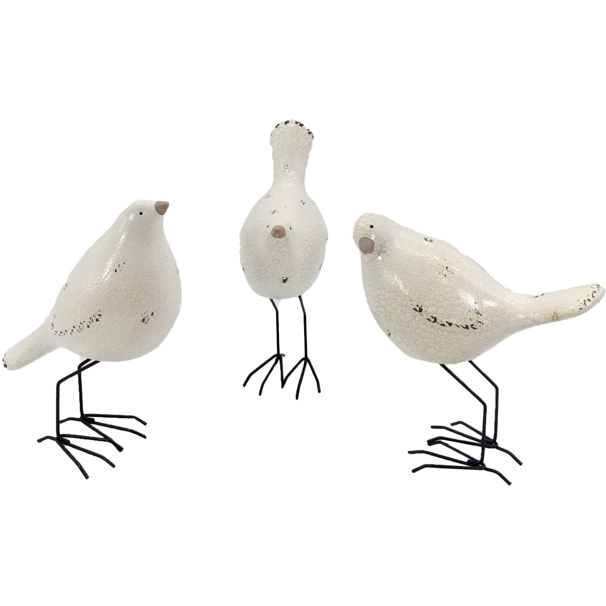 Set of Three White and Black Polyresin and Metal Bird Sculptures