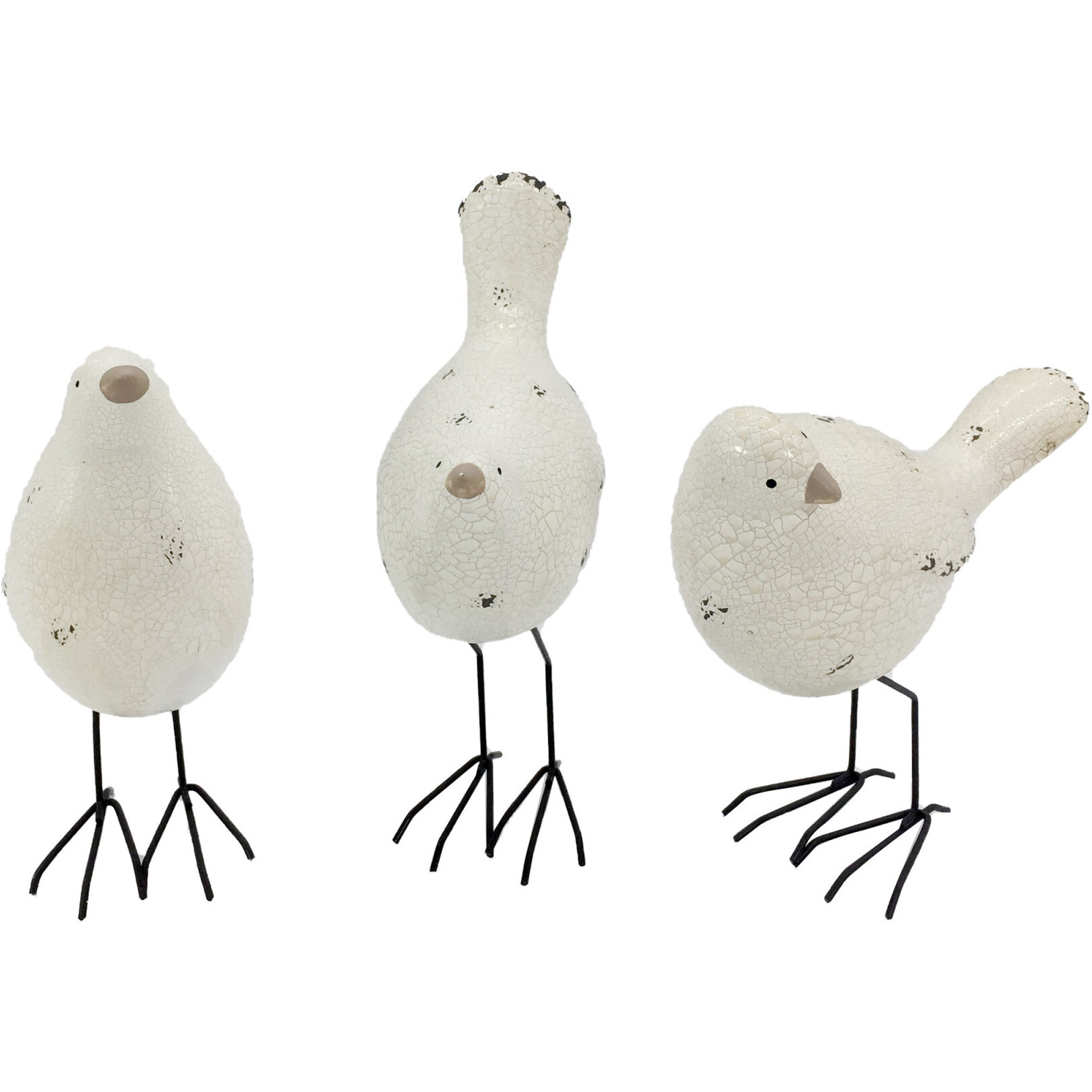 Set of Three White and Black Polyresin and Metal Bird Sculptures