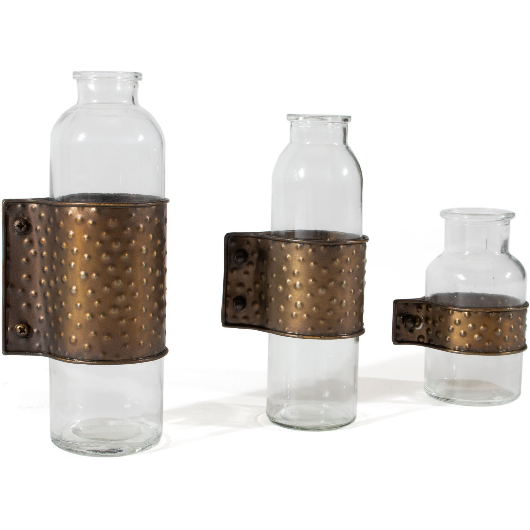 Set of Three 9" Clear Glass Cylinder Table Vases with Metal Wraps