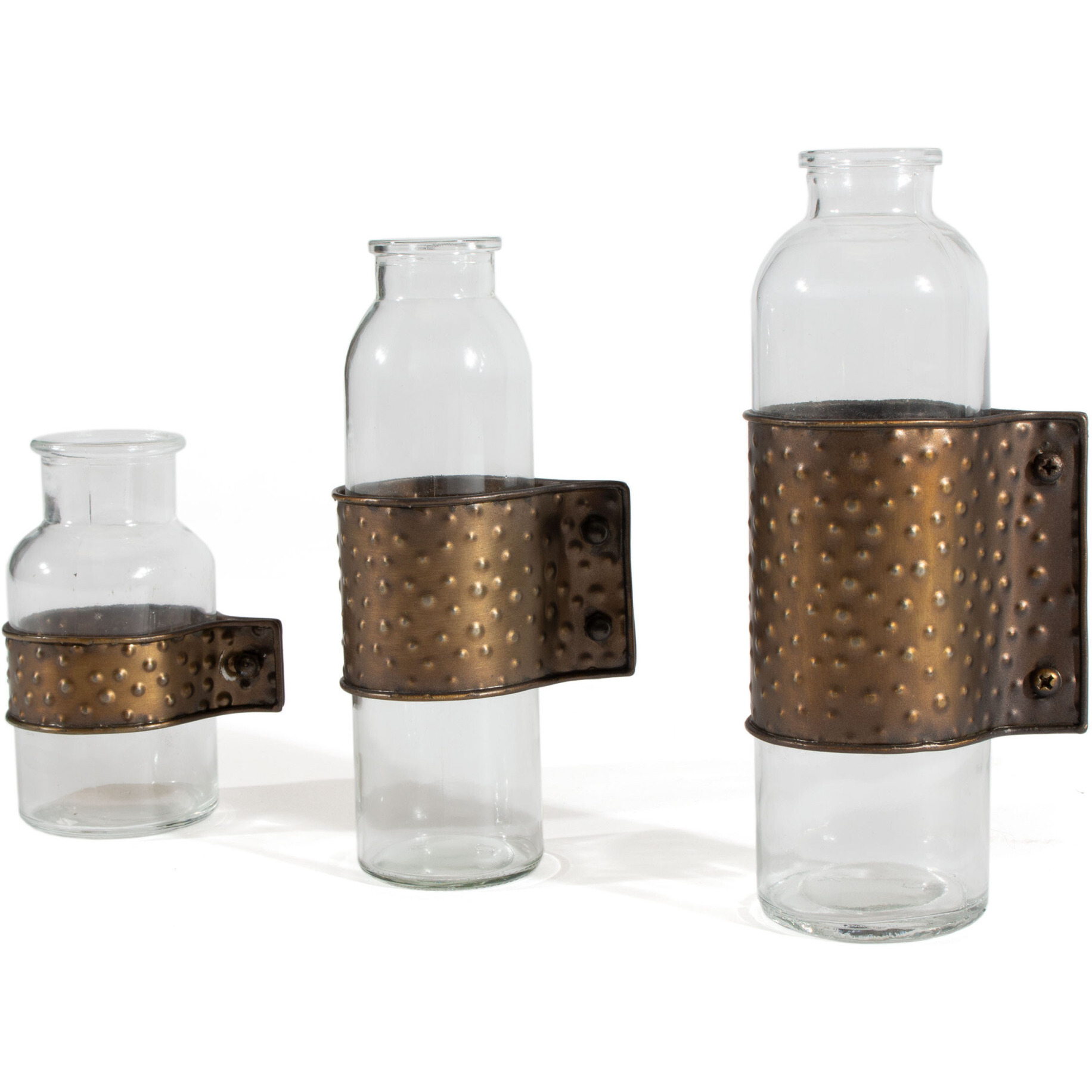 Set of Three 9" Clear Glass Cylinder Table Vases with Metal Wraps
