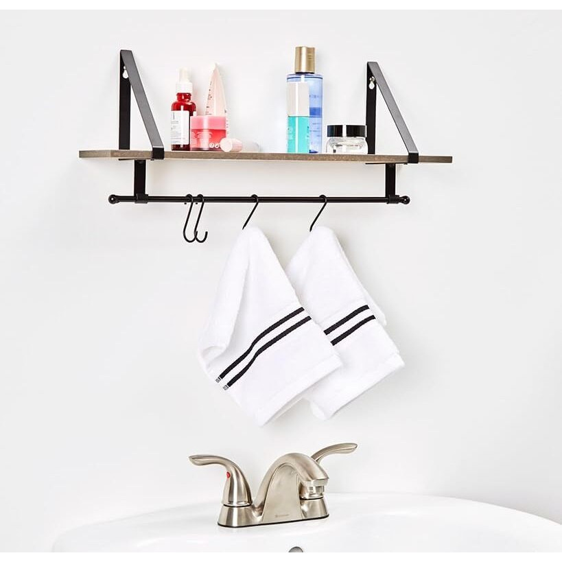 Farmhouse Bathroom Collection - Wall Shelf w/Hooks Natural
