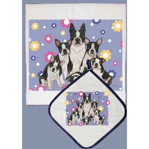 Pipsqueak Productions DP542 Dish Towel and Pot Holder Set - Boston Terrier Family