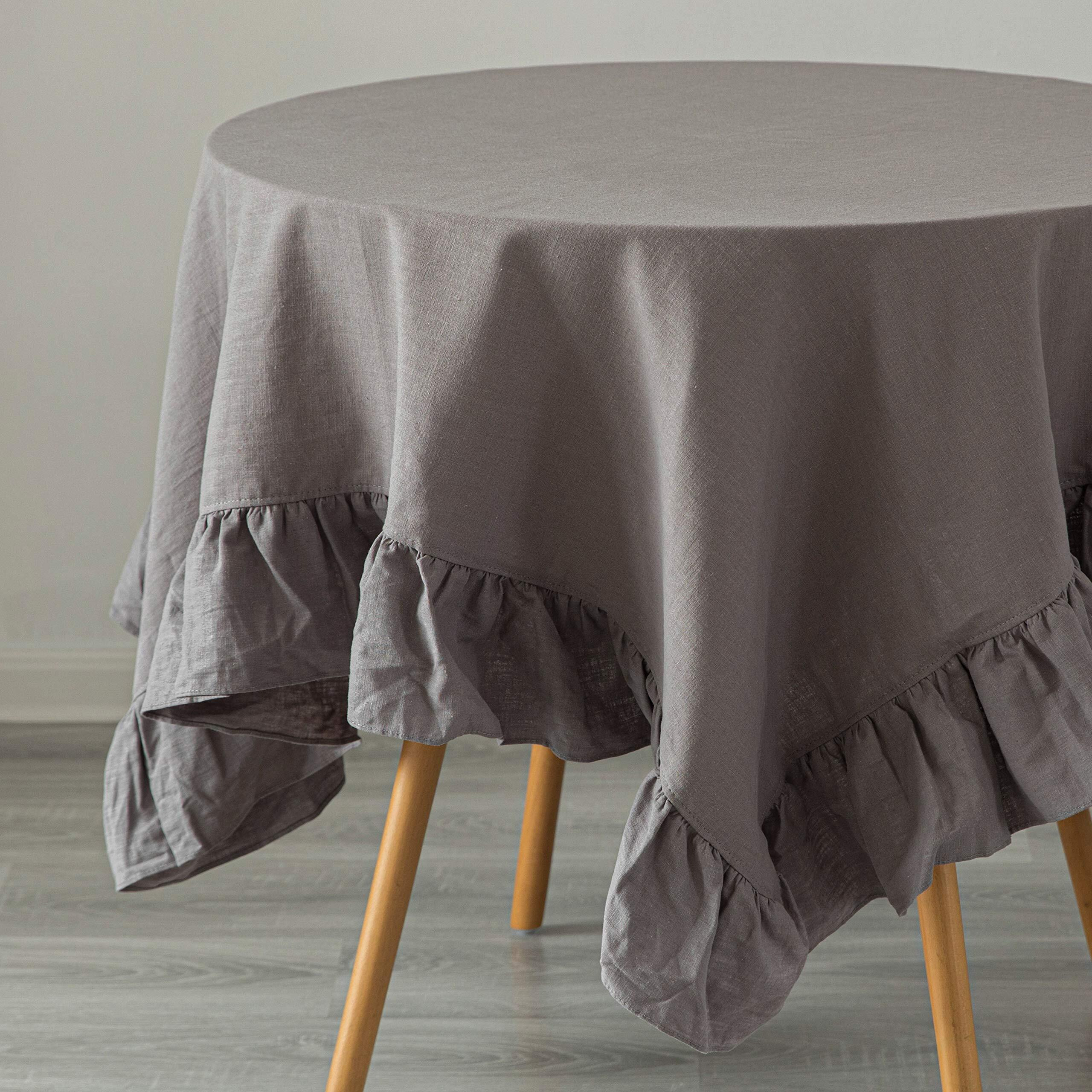 Deerlux QI003988.7070.GY 70 x 70 in. 100 Percent Pure Linen Washable Tablecloth with Ruffle Trim  Gray - Square