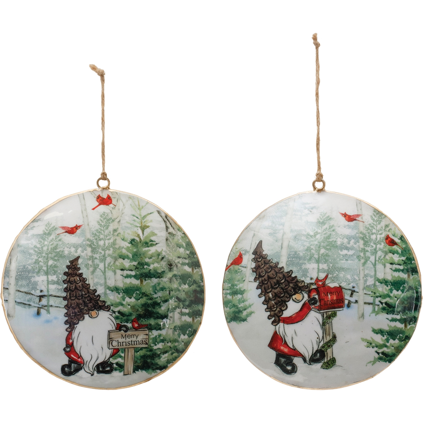 Metal Gnome Cardinal Forest Disc Ornament (Set of 6)