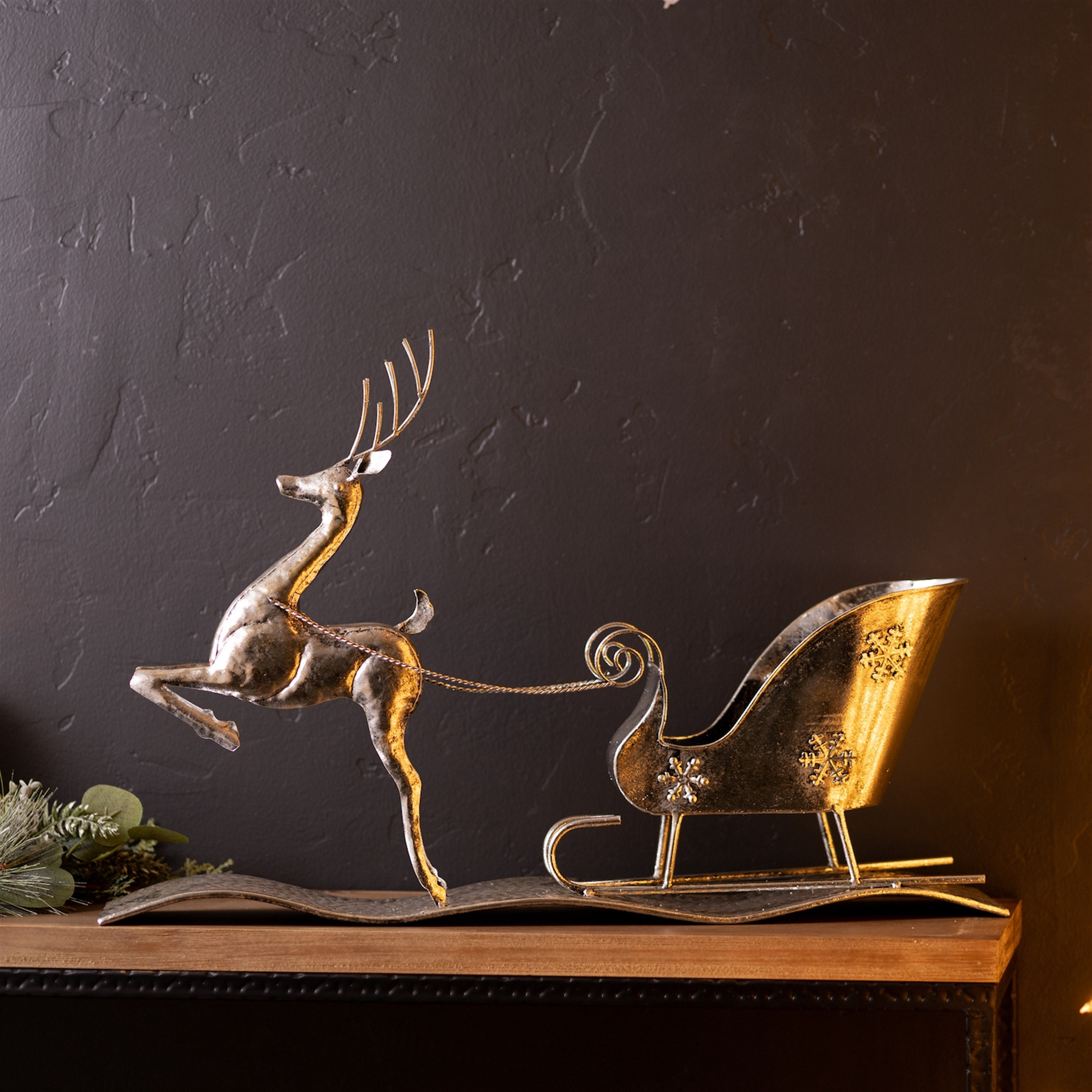 Hammered Metal Reindeer with Sleigh 25.5&quotL