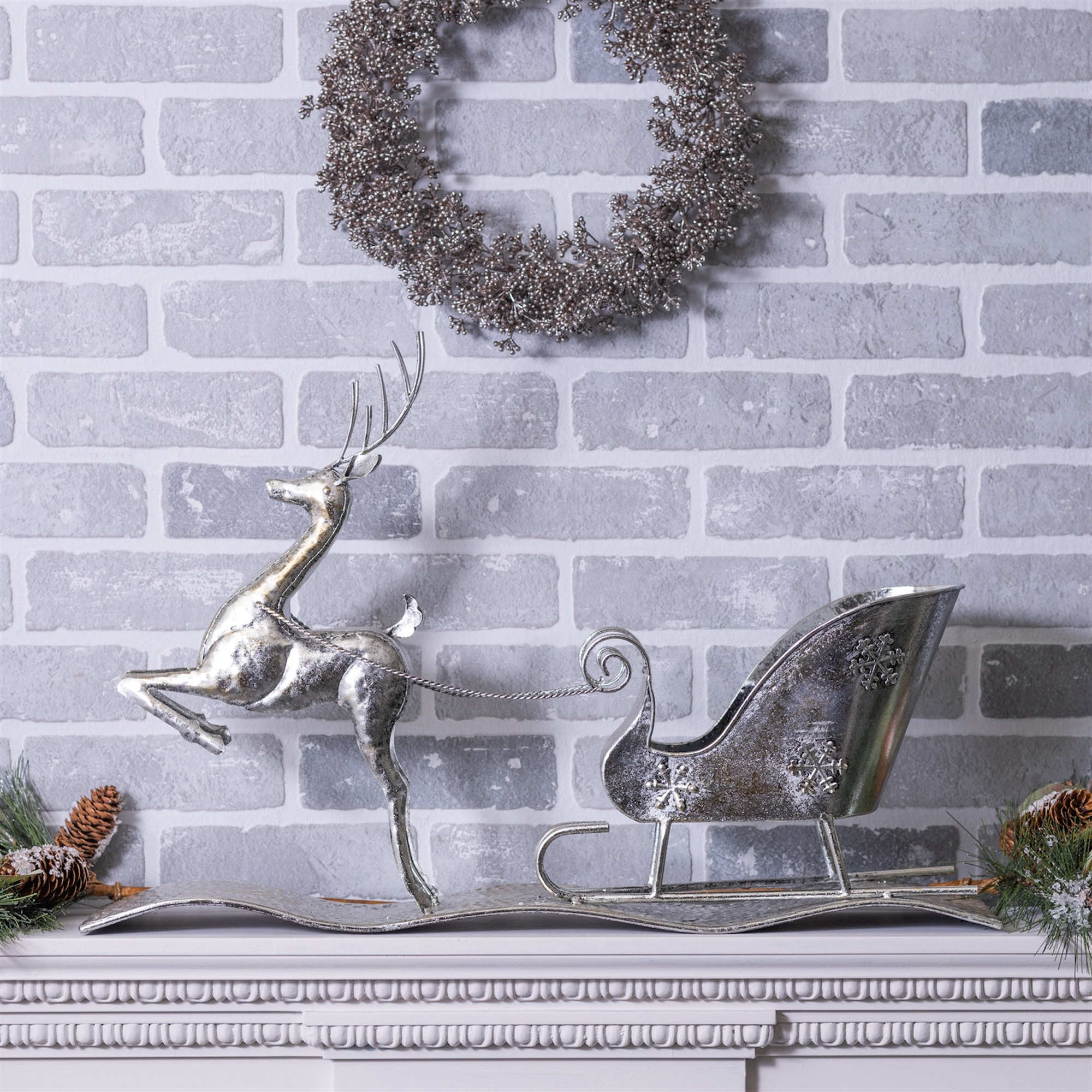Hammered Metal Reindeer with Sleigh 25.5&quotL
