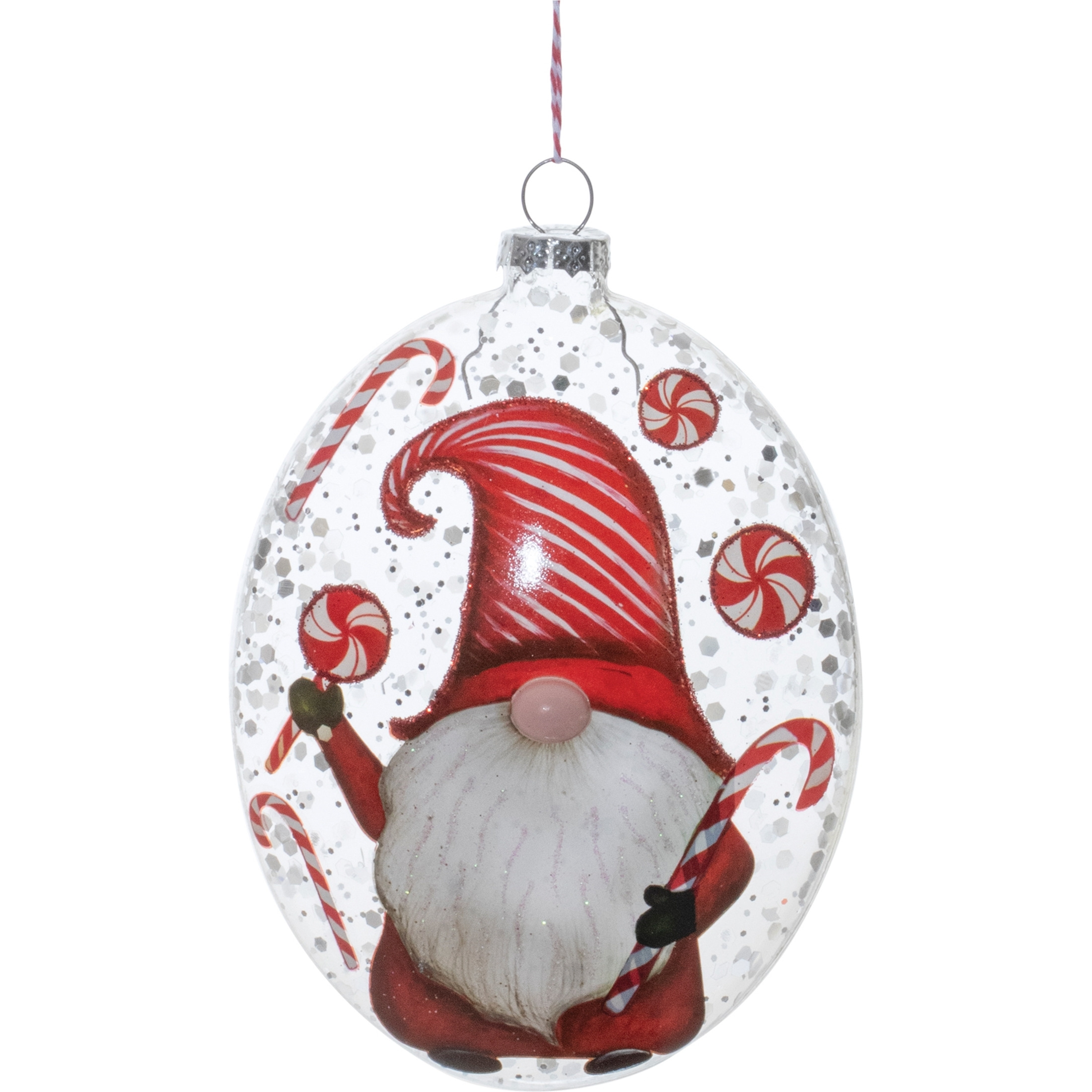 Glass Peppermint Gnome Disc Ornament (Set of 12)