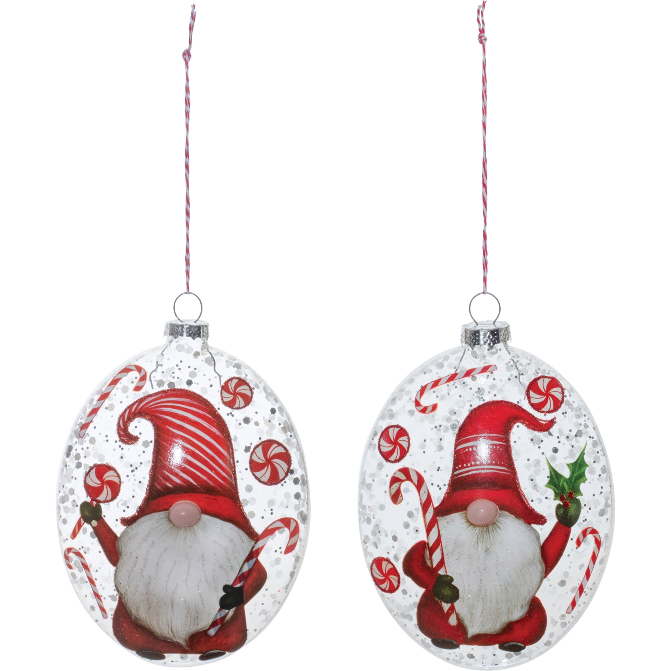 Glass Peppermint Gnome Disc Ornament (Set of 12)