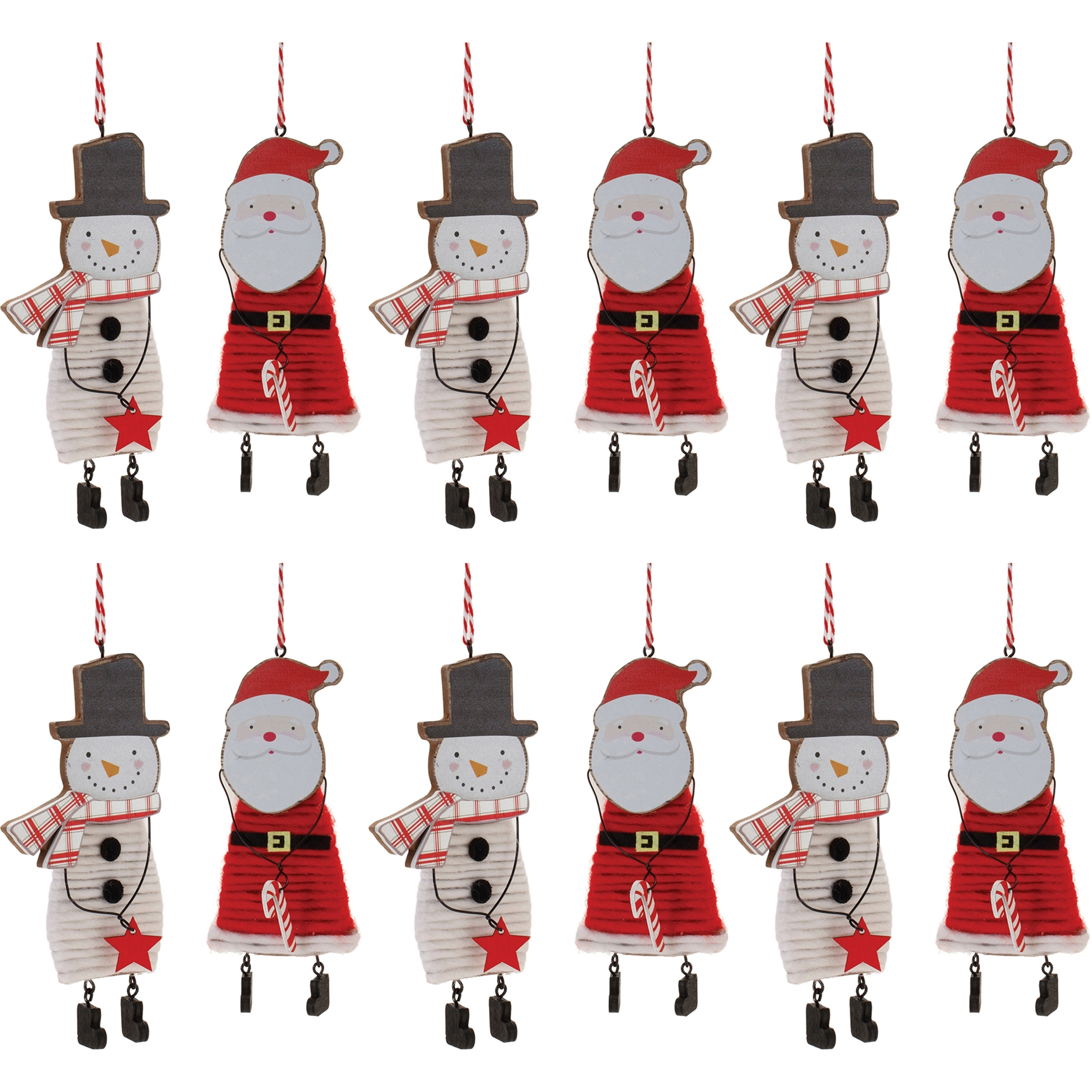 Wood and Felt Snowman Santa Ornament (Set of 12)