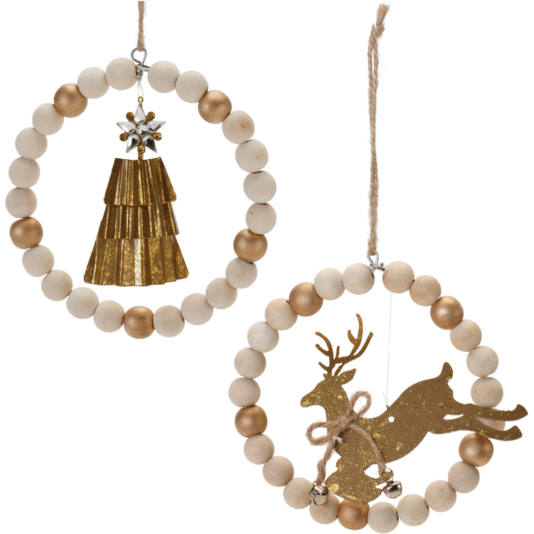 Beaded Wood Tree and Deer Ornament (Set of 6)