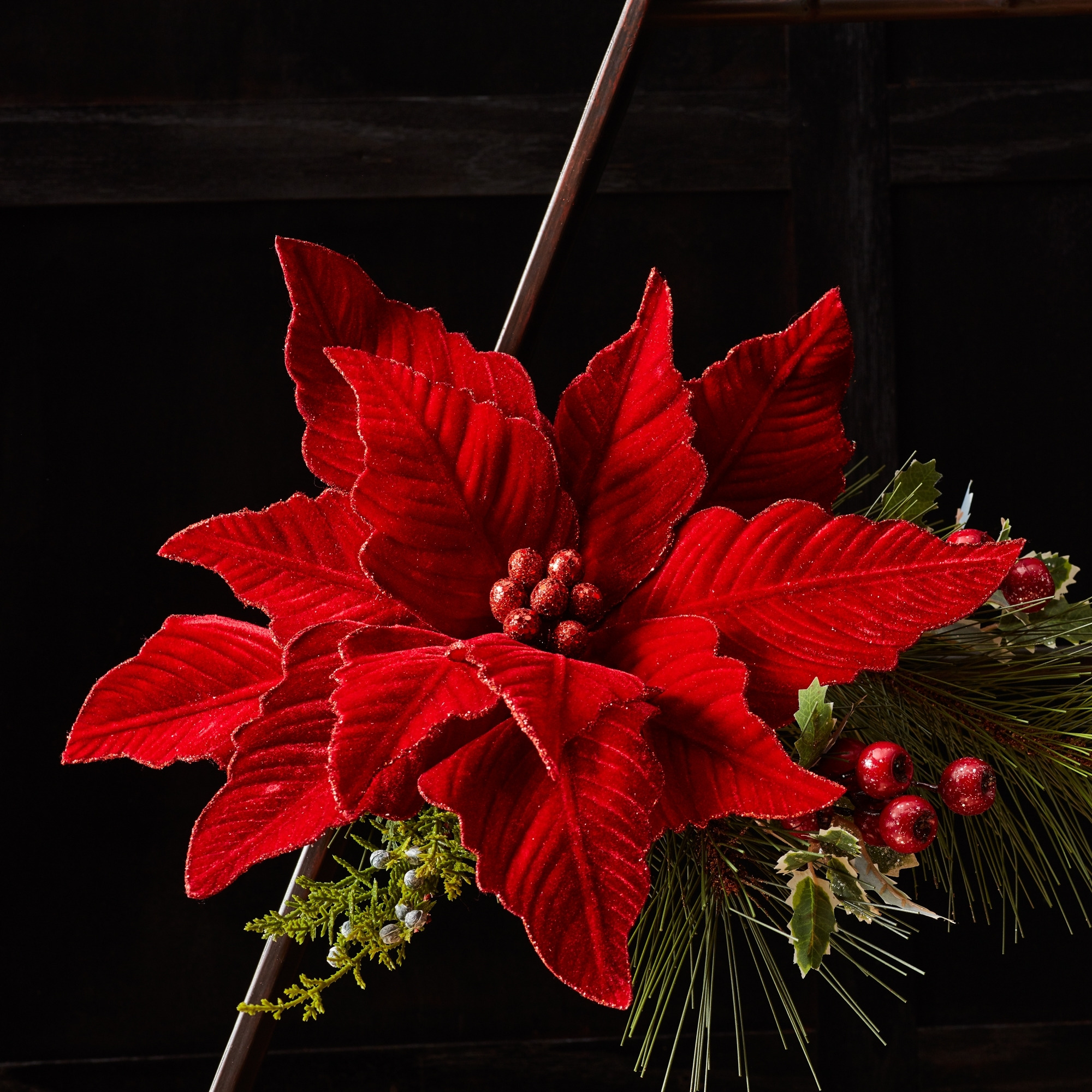Glittered Red Poinsettia Flower Stem (Set of 2)
